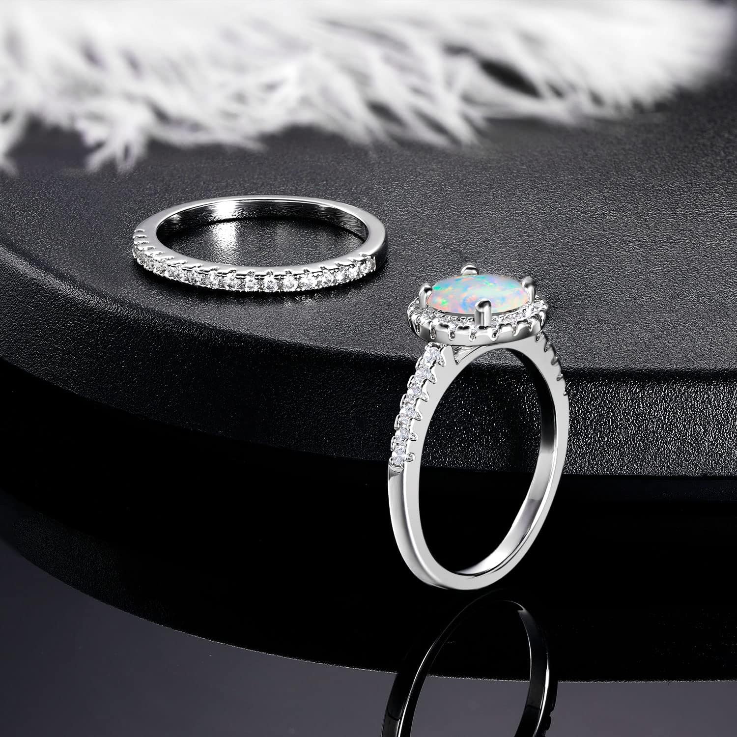 MDFUN Opal Engagement Halo Ring for Women Created Opal Cubic Zirconia 2 in 1 Rings Set 18k White Gold Plated Round CZ Promise Ring Bands Jewelry Gifts Size 5-10 - Image 4