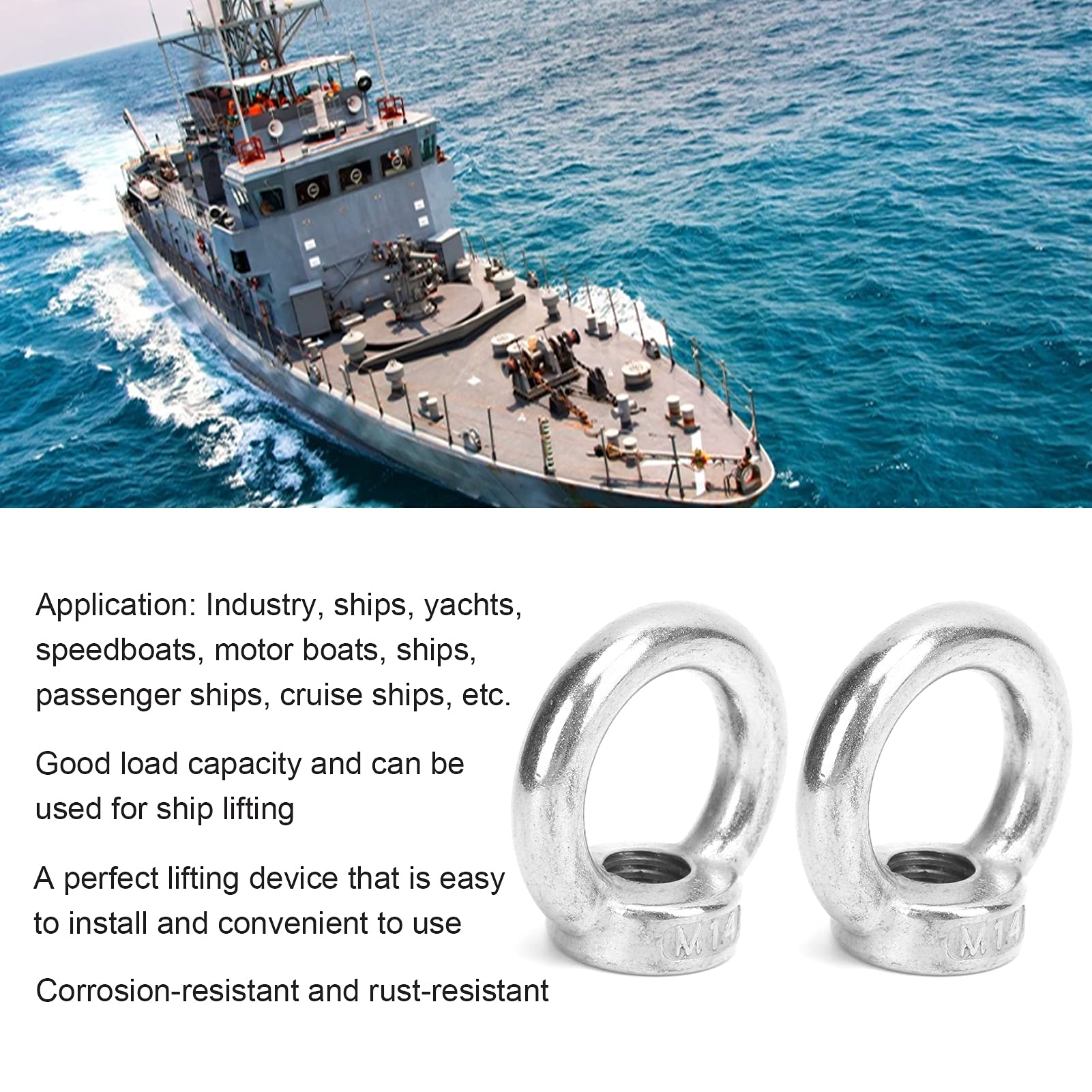 Lifting Eye Nuts, 2pcs Stainless Steel Round Shape Female Thread Outdoor Water Tools for Ocean Industry Yachts(M14 500 kg di carico)