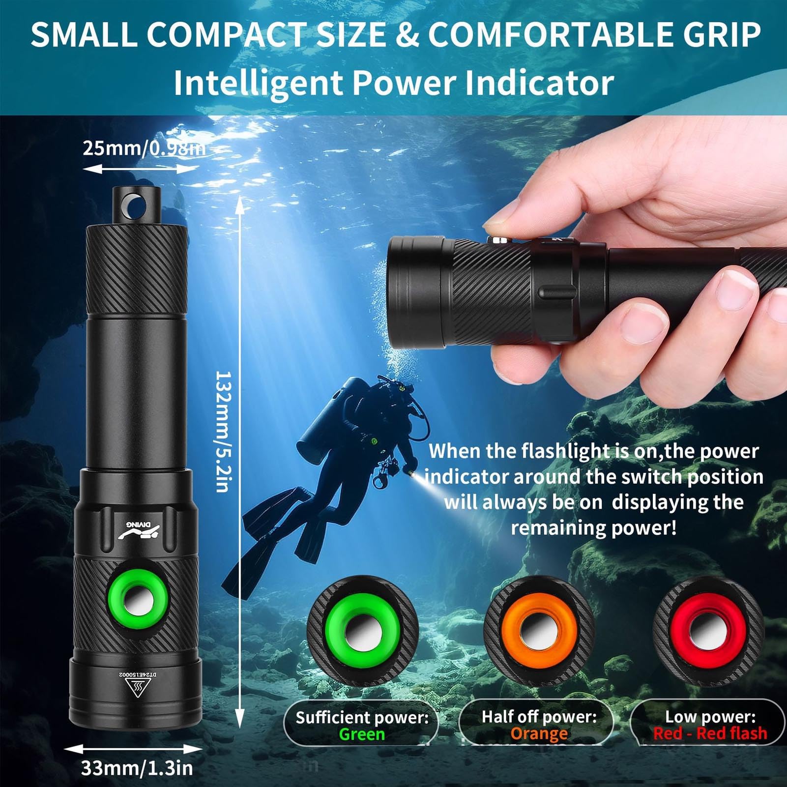 Hilitand 1200LM Dive Light Dive Torch, IPX8 Water Proof Underwater Flashlight, 5 Mode Professional Grade Snorkeling Diving Flashlight with Power Indicator