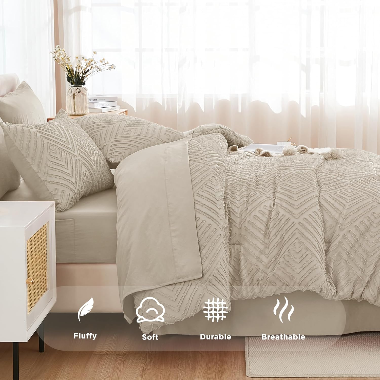 Andency California King Comforter Set Oatmeal - 7 Pieces Bed in a Bag Cal King Bedding Comforter Sets, Tufted Lightweight Fluffy Bed Set with Comforter, Sheets, Pillowcases & Shams - Image 7