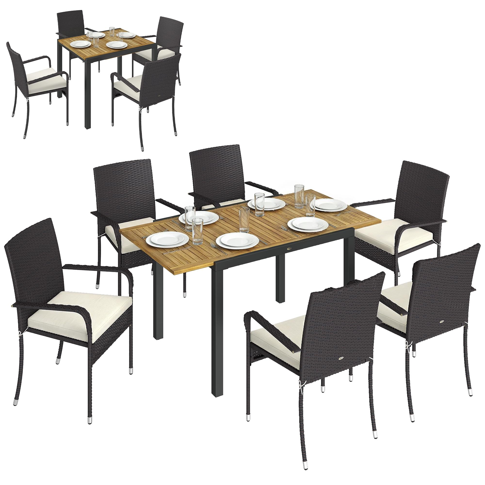 Outsunny Conjunto de Mesa y Sillas Jardín de Ratán de 7 Piezas, Crema | Mesa Extensible 100-150 cm Tablero Madera,6 Sillas Apilables,Cojines Extraíbles,Marco de Acero,Muebles Jardín Exterior