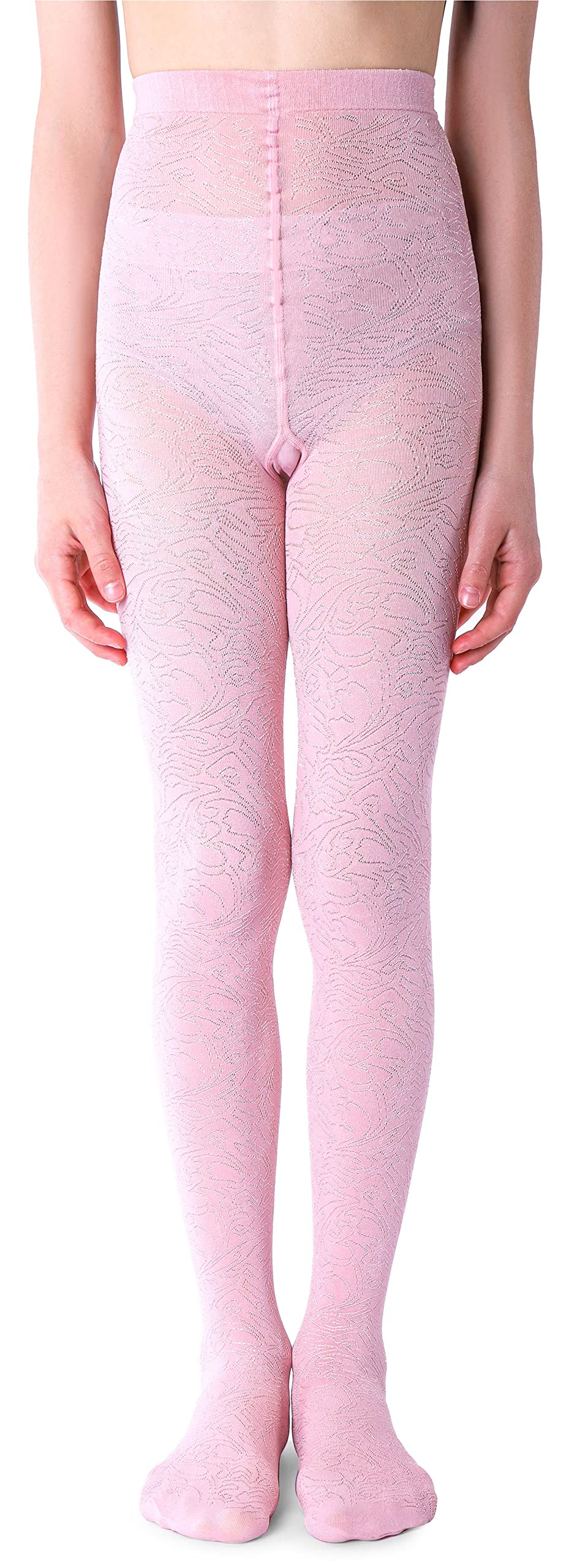NOQ Girls Tights with 3D Effect Pattern Plain Dance Gymnastic School Pantyhose Fancy Outfit Little Princess, Nazca Cotton Candy 4-5 years (104-110 cm)