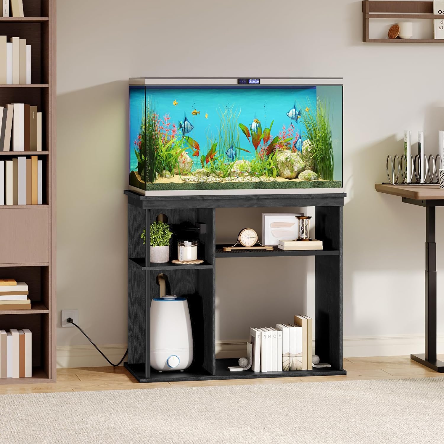 40-50 Gallon Fish Tank Stand with Power Outlet, Wooden Aquarium Stand with Filter Storage, Heavy-Duty Reptile Tank Stand with 3-Tier Storage Shelves, 36.2" L x 19.7" W x 31.7" H, Black