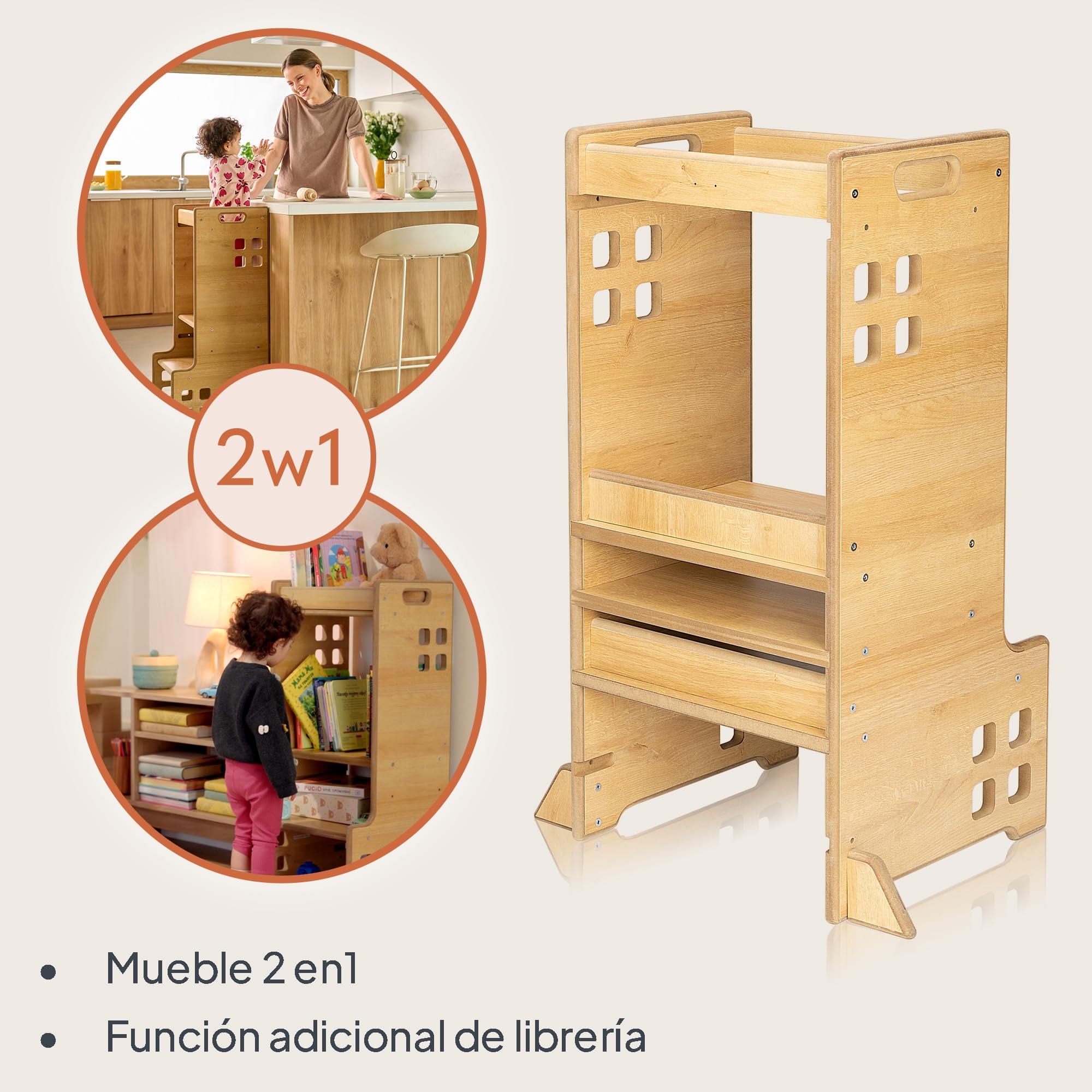 LIONELO CASS Ayudante de Cocina 2 en 1 Torre de Aprendizaje Montessori Desde 1 Año Barra de Seguridad Ajustable en Altura Robusto Taburete de Cocina Estantería Librería Hasta 30 kg