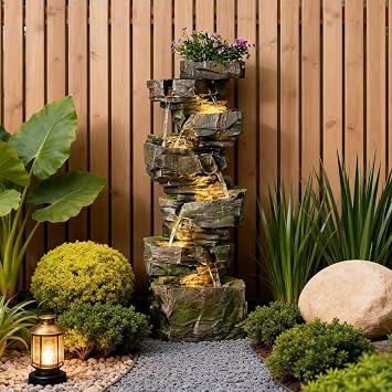 Sunlinua 49H Realistic Rock Outdoor Water Fountain with 6 Tiers | Large Cascading Realistic Rock Waterfall Fountains with LED Lights for Garden Patio Backyard Porch Home Decor