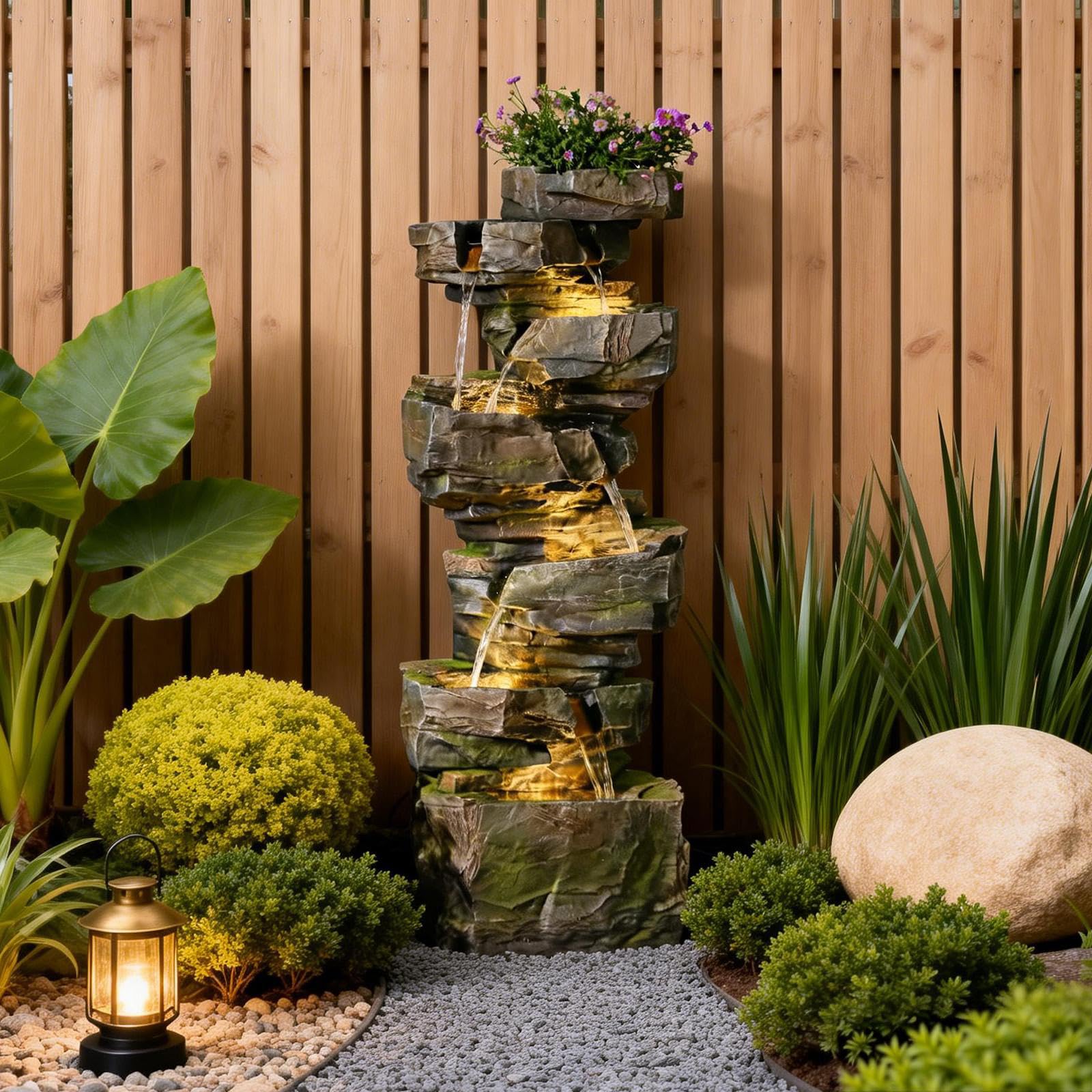 Sunlinua 49H Realistic Rock Outdoor Water Fountain with 6 Tiers
