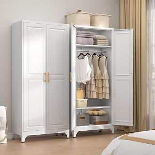 Timelesspieces Metal Wardrobe Closet with Hanging Rod & Adjustable Shelves - Sturdy Steel Armoire for Bedroom, Office, Laundry Room