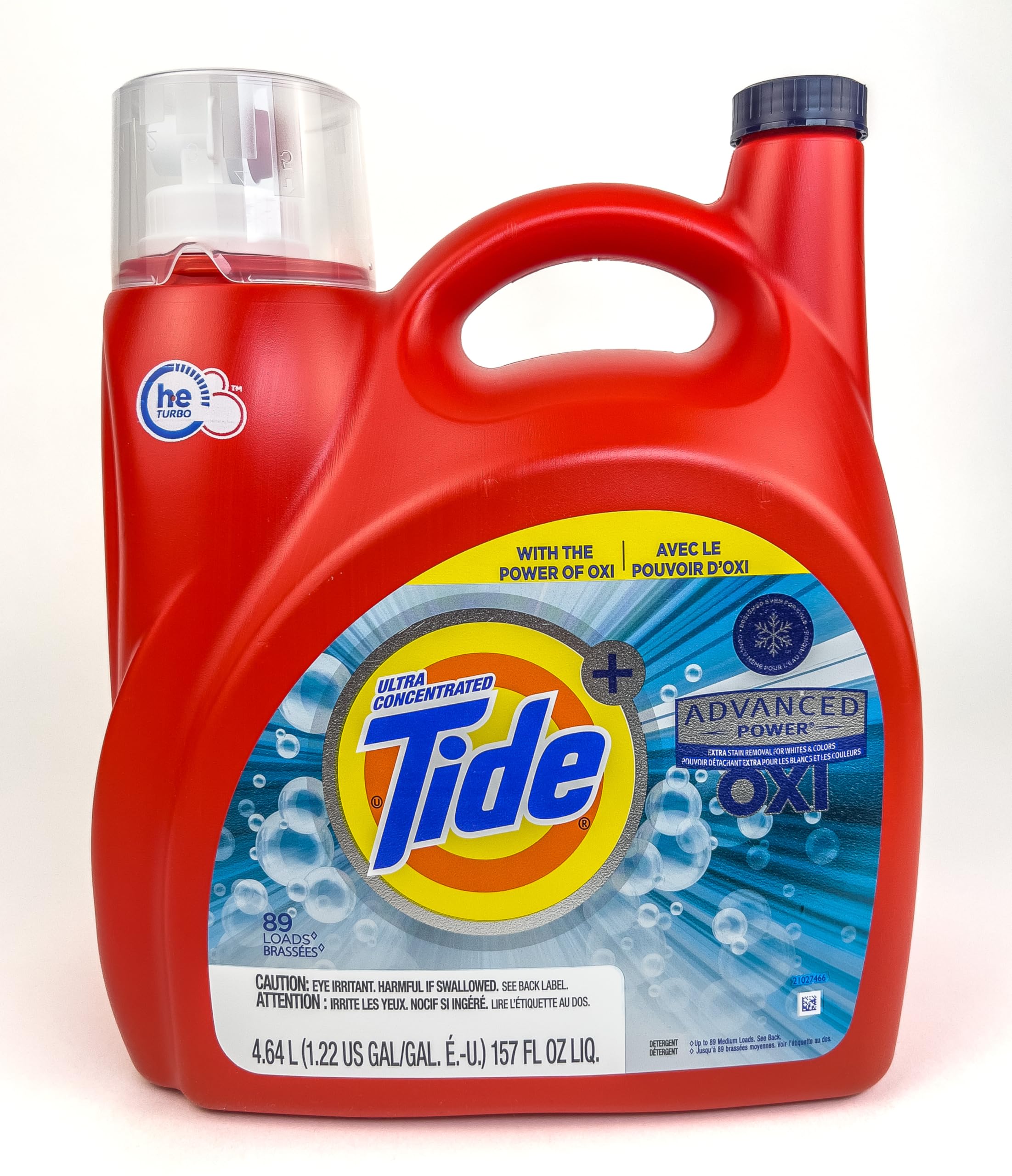 Tide Oxi + Advanced Power Ultra Concentrate, High Efficiency Turbo Clean, Liquid Laundry Detergent - 89 Loads, Extra Stain Removal for Whites & Color (4.64 L)