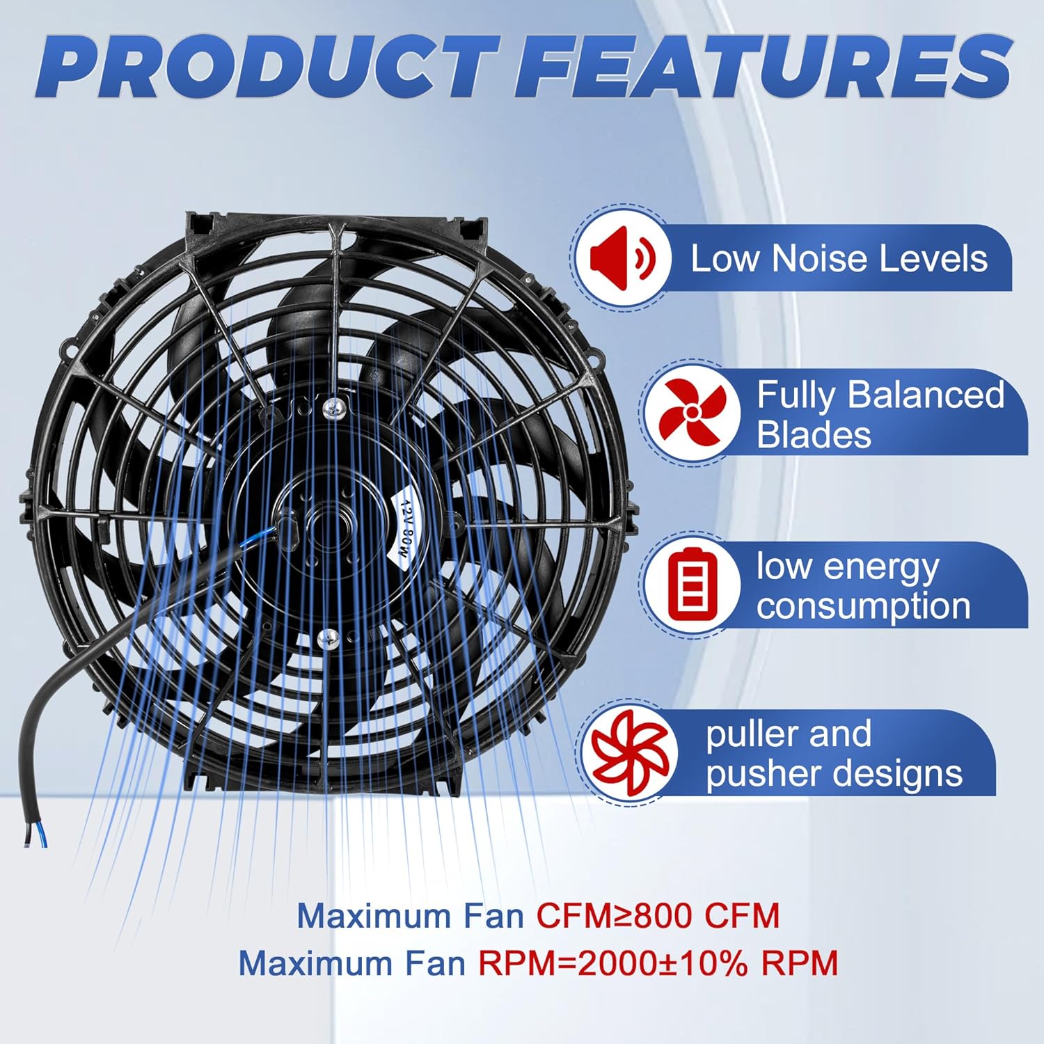 12 Inch 12” Black Universal Electric Radiator Slim Fan 12V 80W High Performance Cooling Push Pull w/Mounting Kit 2PCS