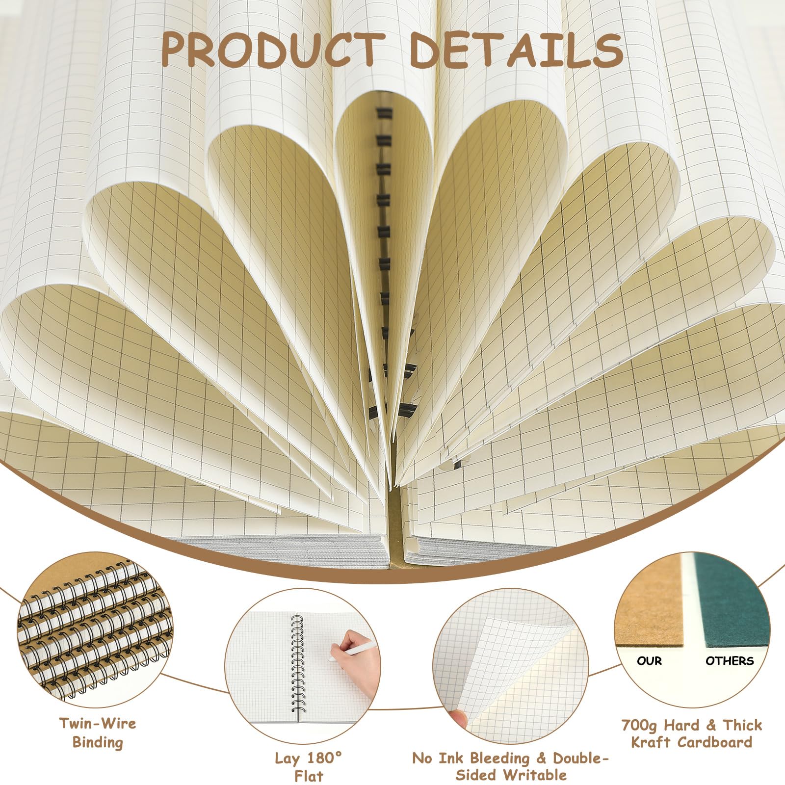 Geyoga Paquete de 12 cuadernos en espiral de papel gráfico A5 a granel de 8.3 x 5.7 pulgadas, cuadrícula cuádruple, diarios gráficos en espiral, 100 g/m², 200 páginas, tapa dura para oficina e