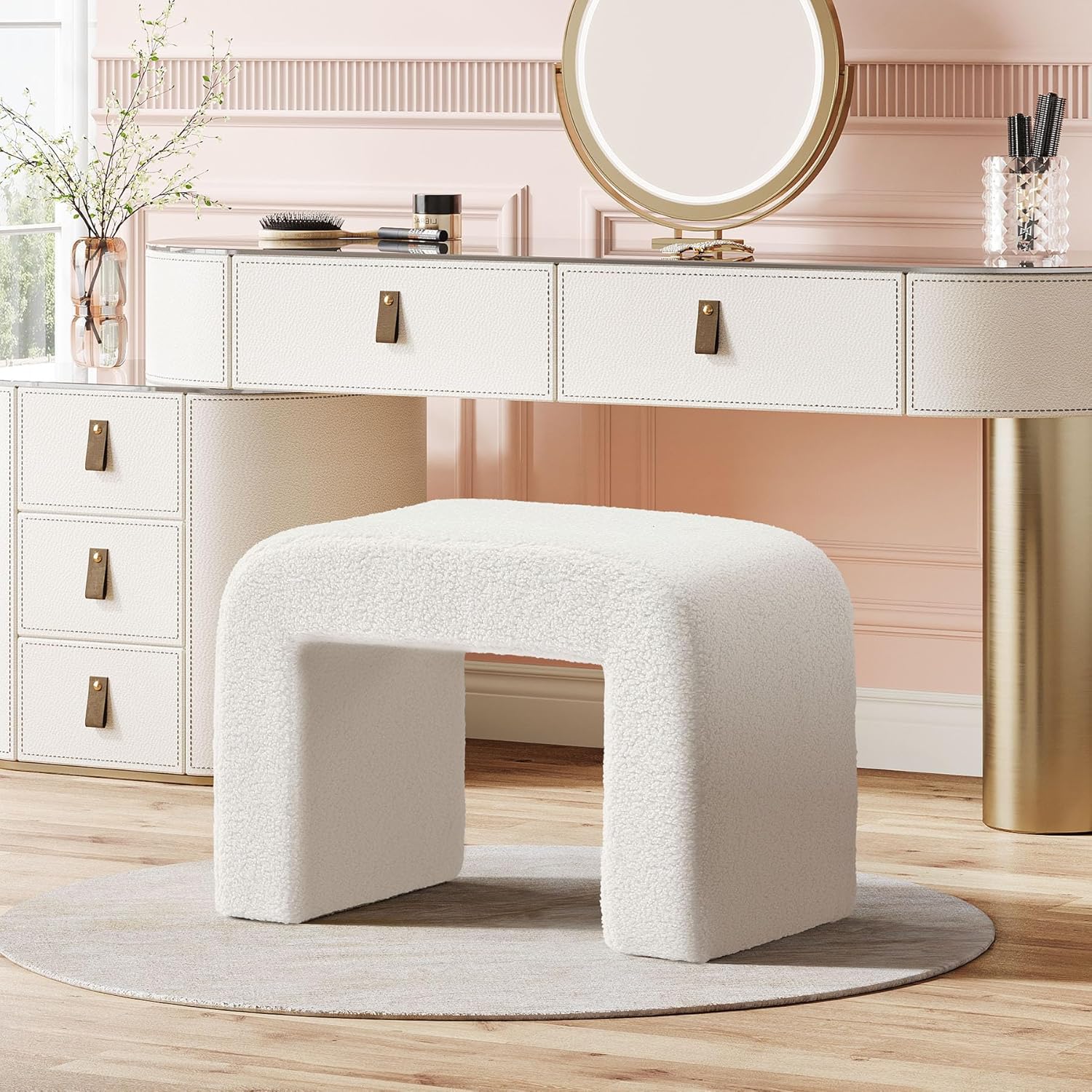 Tribesigns 24" White Vanity Stool Ottoman - Modern Foot Rest for Couch, Large Extra Seating Shoe Bench, Bedroom Dressing Chair, Fully Assembled