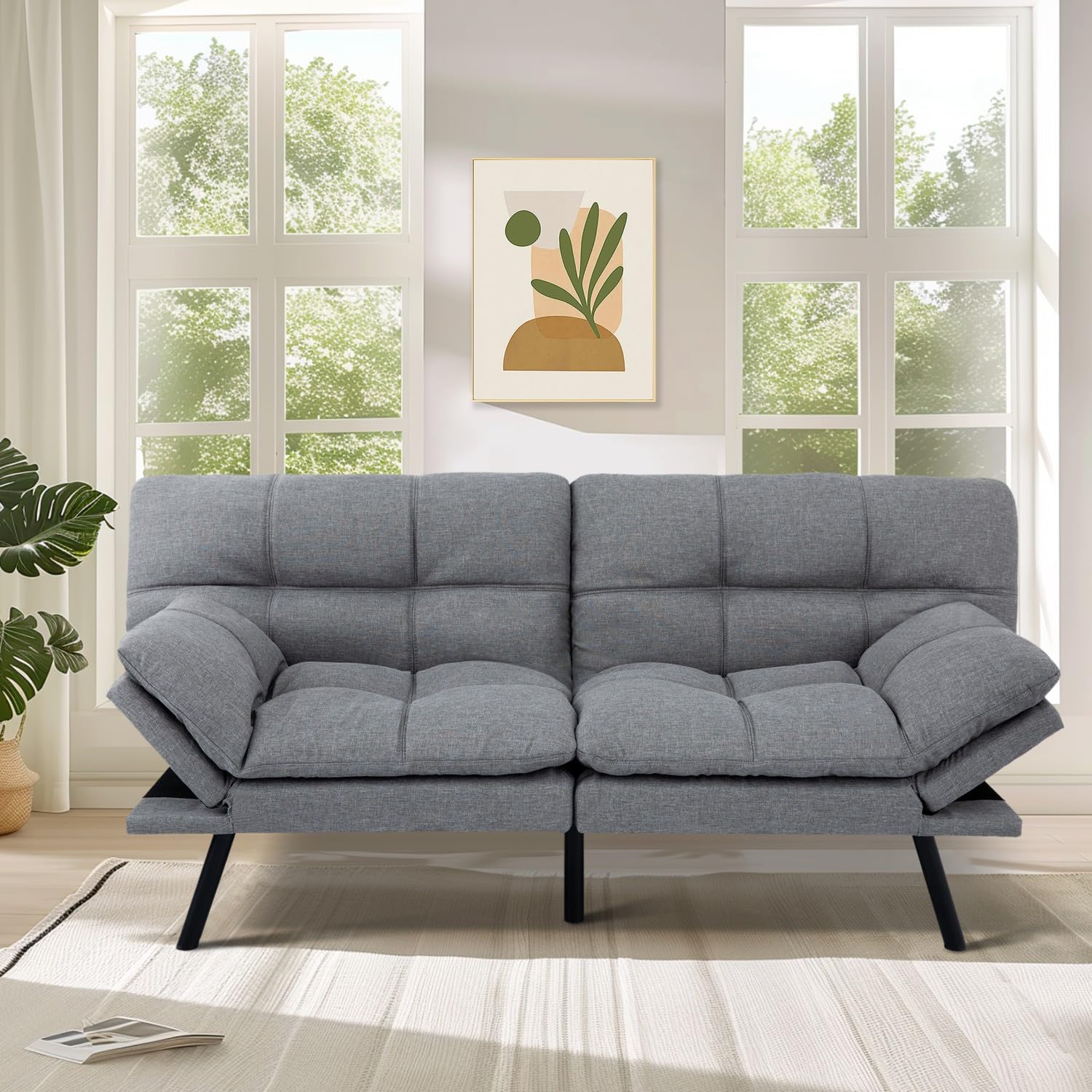 MUUEGM 71" Futon Sofa Bed with Memory Foam,Futon Couch with Adjust Backrest and Armrest, Couches Bed for Living Room,Studios, Apartments, Dormitories, Offices and Game Rooms. Light Grey Sofa Bed