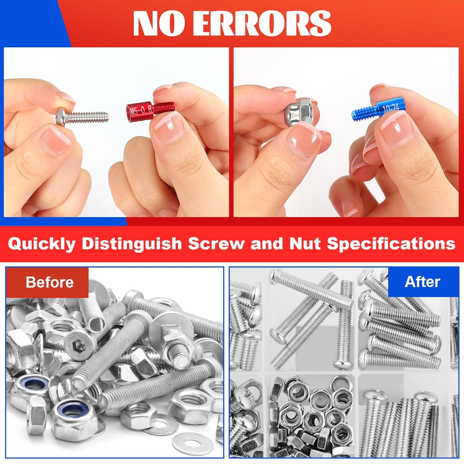 44 Pcs Thread Gauge SAE and Metric, Nut and Bolt Thread Screw Checker Tool Set, Universal Standard Inch & Metric Hole Sizing Measuring for Quickly Identify and Verify with Storage Case