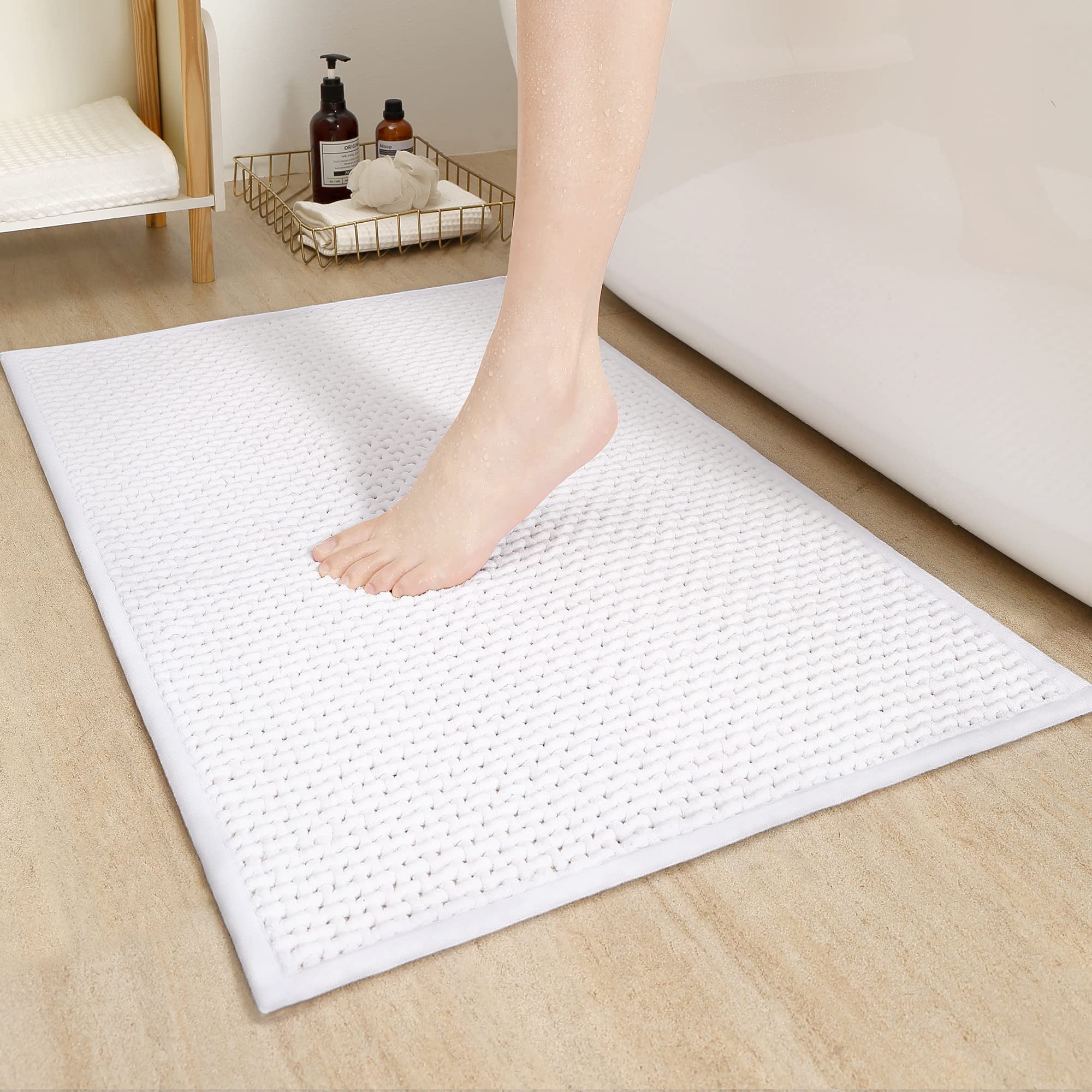 Upgraded Chenille Bathroom Rugs - Adorn Your Bathroom with Color G White Bath Mat - Absorbent, Non Slip, Soft, Machine Washable, Quick Dry, 16"x24" Small Bathmat Bath Rugs for Bathroom