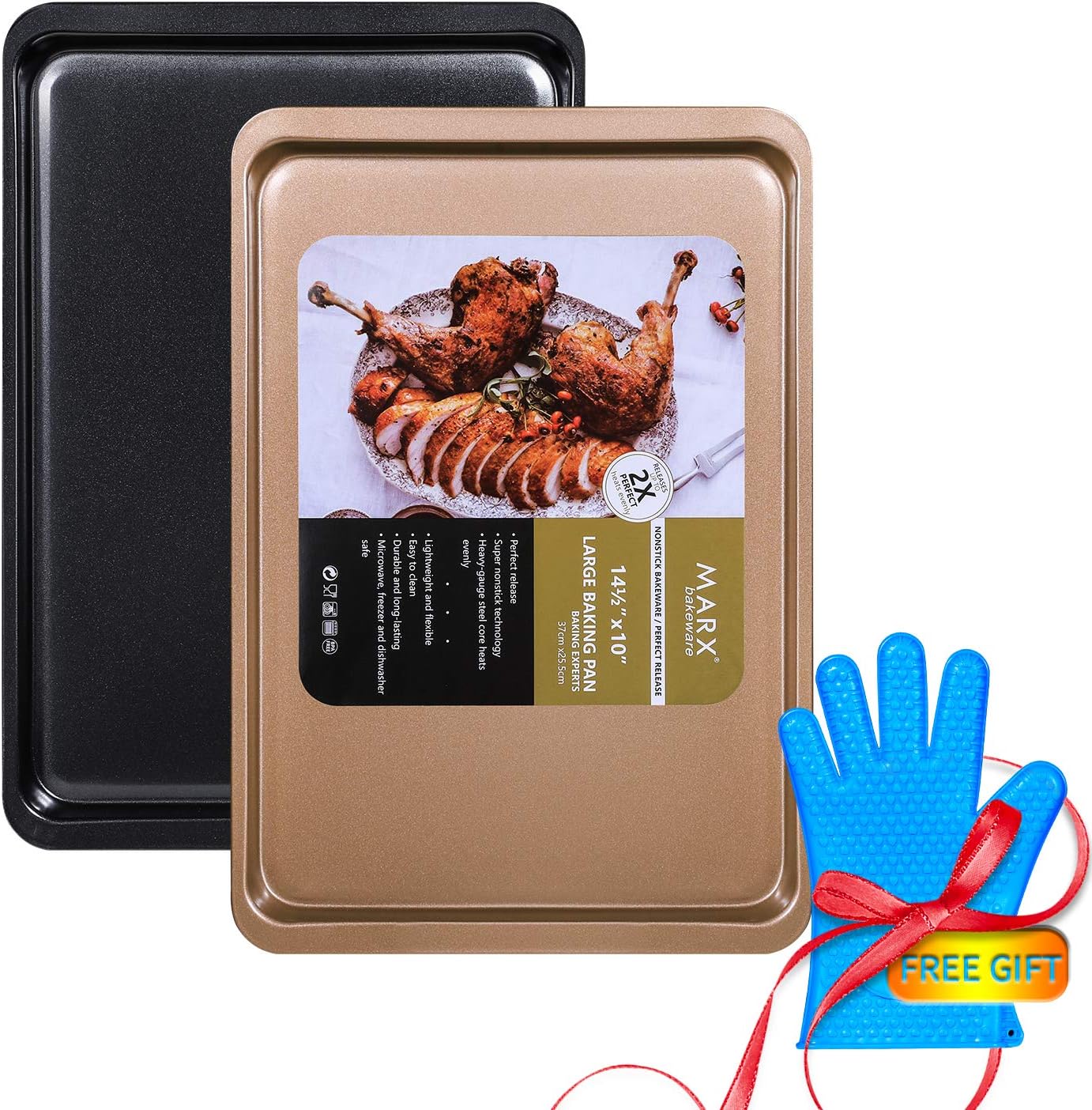 Baking Sheet Bakeware Pans Nonstick Bakeware Sheet Set Cookie Pan One black and One gold high hardness,durable,uniform heat,stylish（ with a Heat resistant high temperature silicone gloves）3-Piece