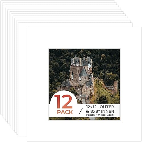 Frametory, Alfombrillas precortadas blancas de 12 x 12 pulgadas para fotos, impresiones y obras de arte de 8 x 8 pulgadas, núcleo blanco, corte