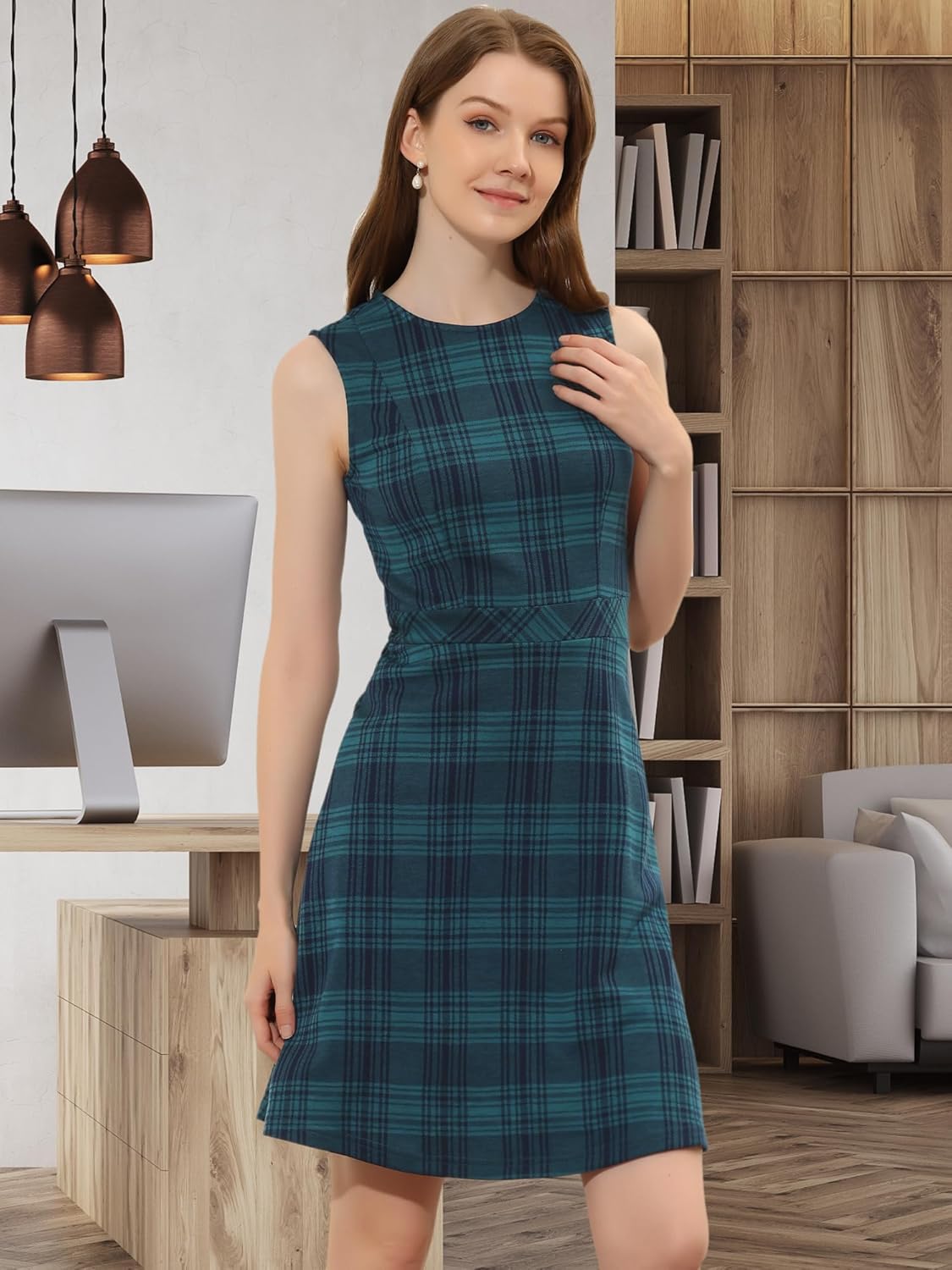 Allegra K Women's Plaid Dress Sleeveless A Line Vintage Houndstooth Work Dresses - Image 2