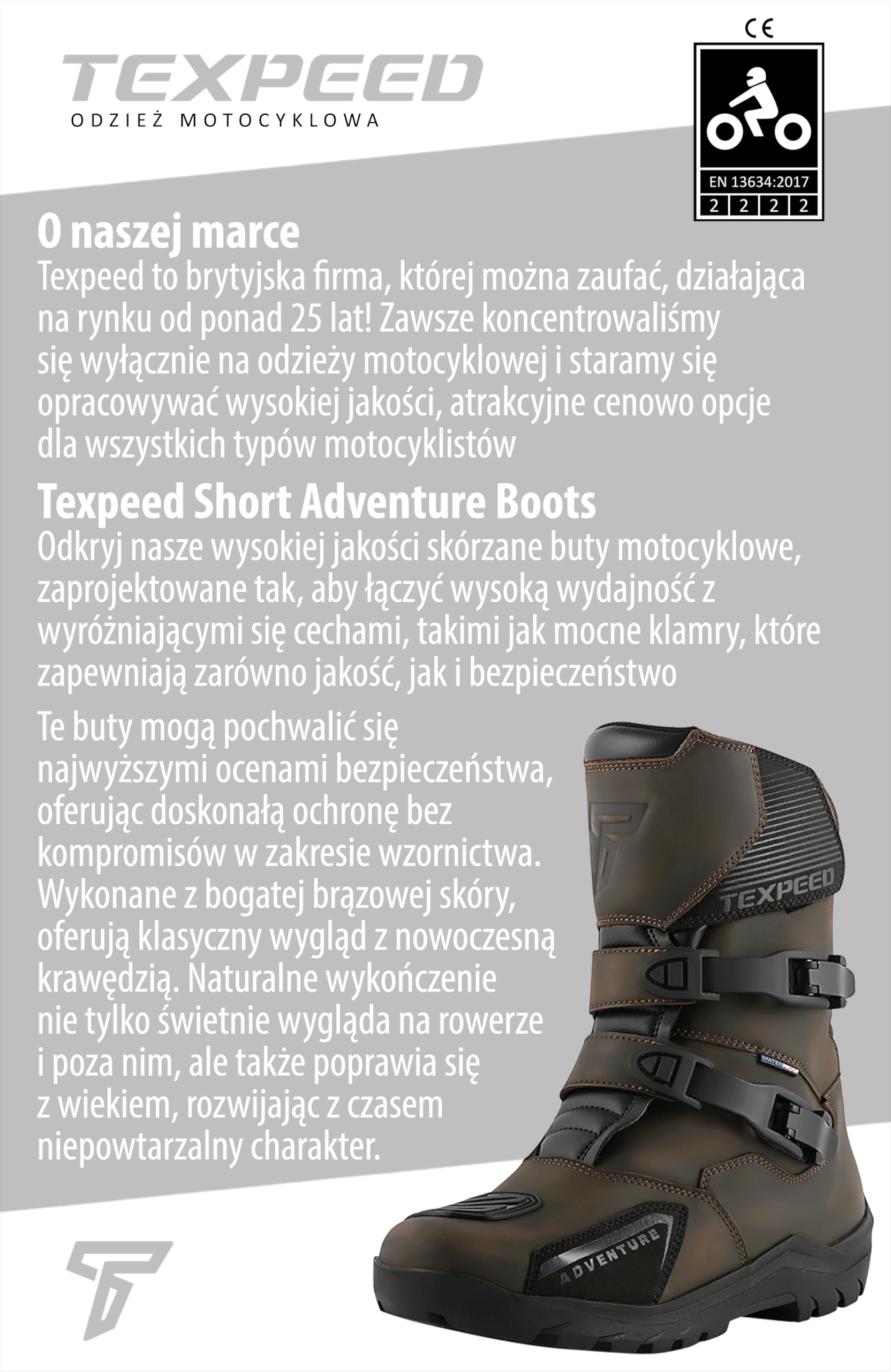 Texpeed – Skórzane buty motocyklowe męskie – Vintage Pirates, 100% wodoodporne, krótka cholewka, buty motocyklowe turystyczne – Brązowe - EU 40