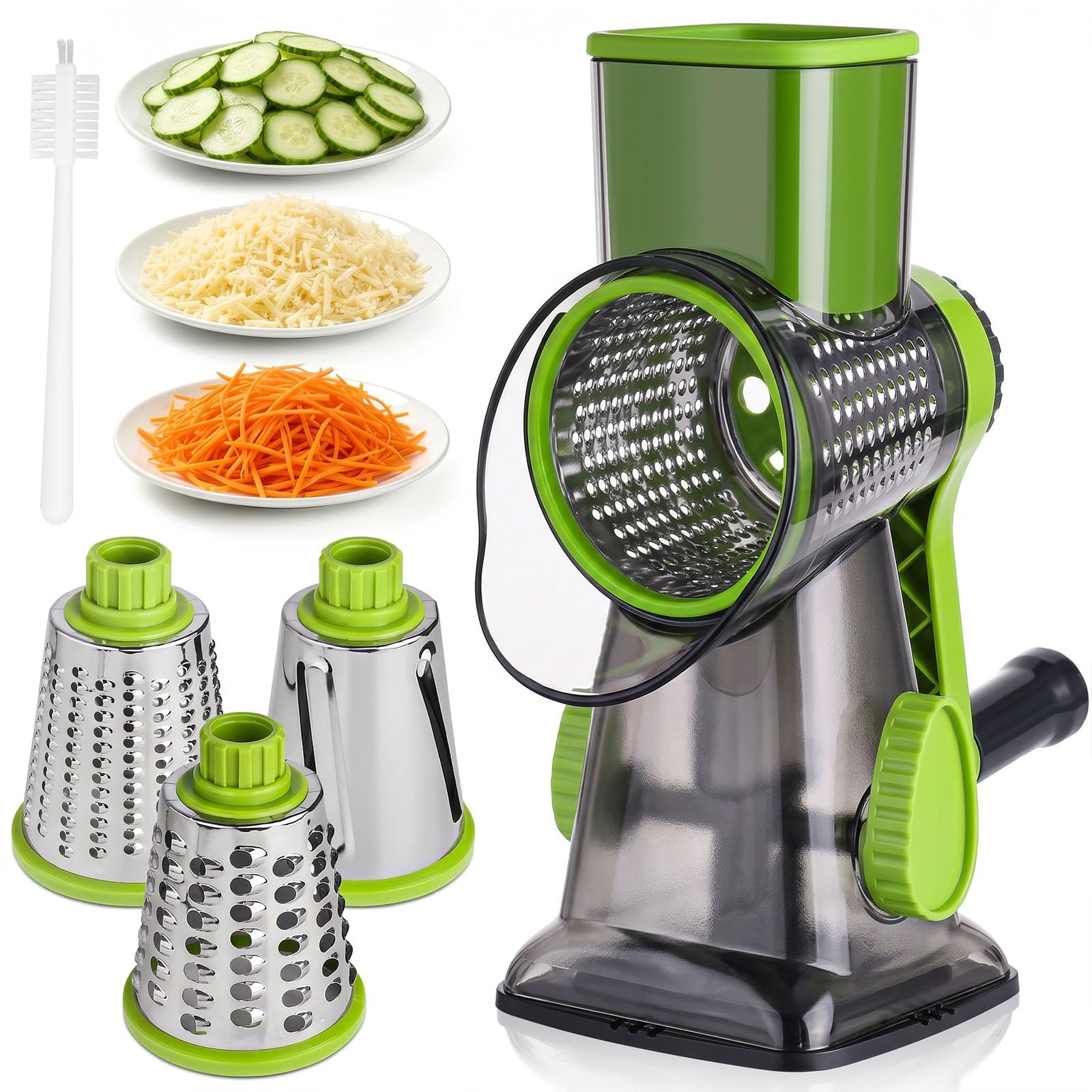HANSGO Rallador giratorio de queso, triturador de queso con mango y 3 cuchillas intercambiables, cortador manual de verduras de cocina, verde para frutas y frutos secos