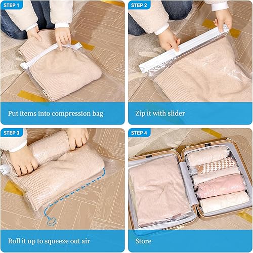 Miniatura 7 de Bolsas de compresión para viajes, paquete de 12 bolsas de compresión enrollables, no necesita aspiradora ni bomba, artículos esenciales de viaje,