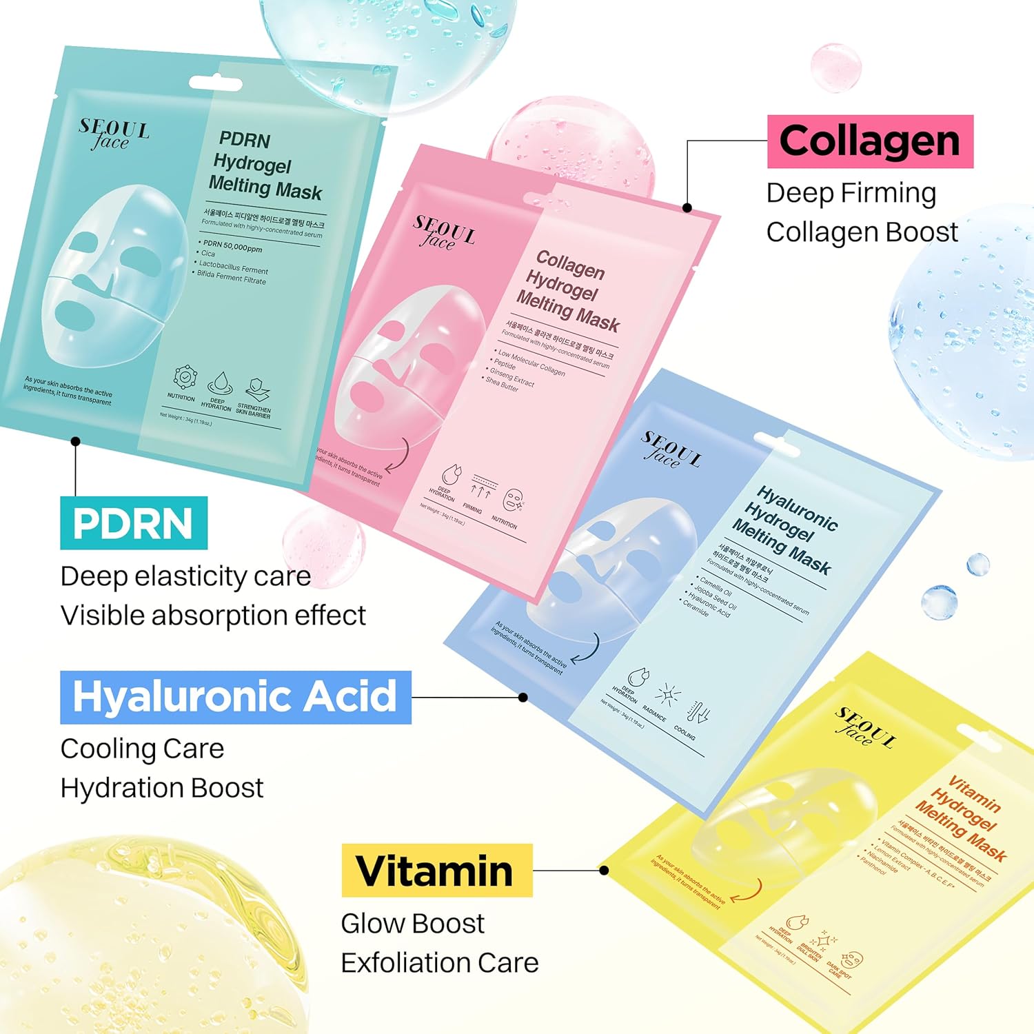 DERMAL Hydrogel Melting Mask Variety Pack 7 Sheets - Korean Overnight Face Mask Set with Collagen, Hyaluronic, PDRN, Vitamin, Rice Ceramide, Peptide, Cica - Glass Skin Jelly Gel K-Beauty Ritual