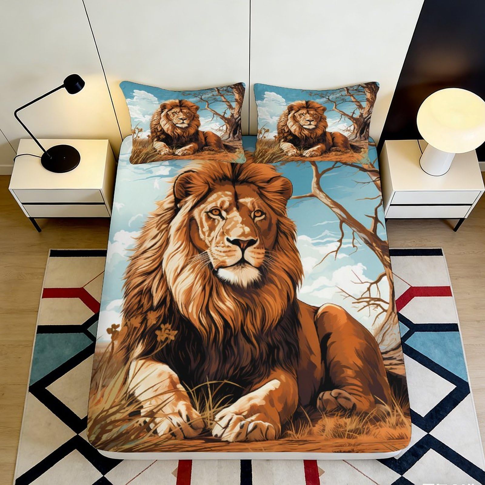 3D Printed Majestic Lion Fitted Sheet Microfiber Soft Breathable Wild Savannah Mattress Cover Bedroom Decor 90x200x25cm