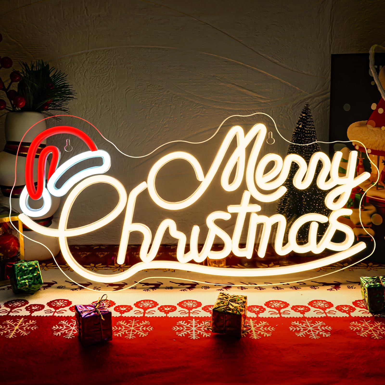 Merry Christmas Hat Neon Led, Lettre Lumineuse Joyeux Noël avec Interrupteur Dimmable, Neon Mural pour Décoration,Néon Led de Fête de Noël,Chambre,Nouvel An,Commerce