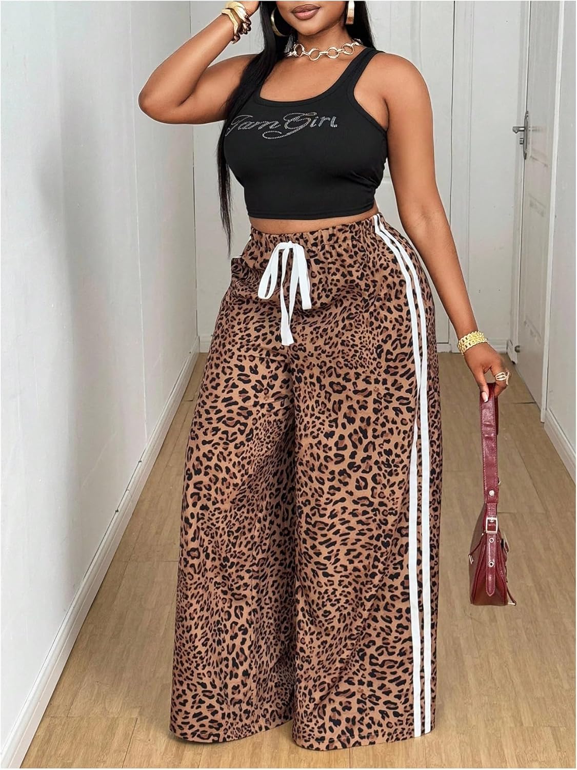 Women's Plus Size Y2K Leopard Striped Pants Drawstring High Waisted Wide Leg Loose Trousers - Image 4
