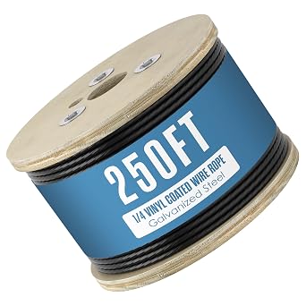 Coated Wire Cable, Vinyl Coated Wire Rope, 250 Feet, 1400 Lb, Black