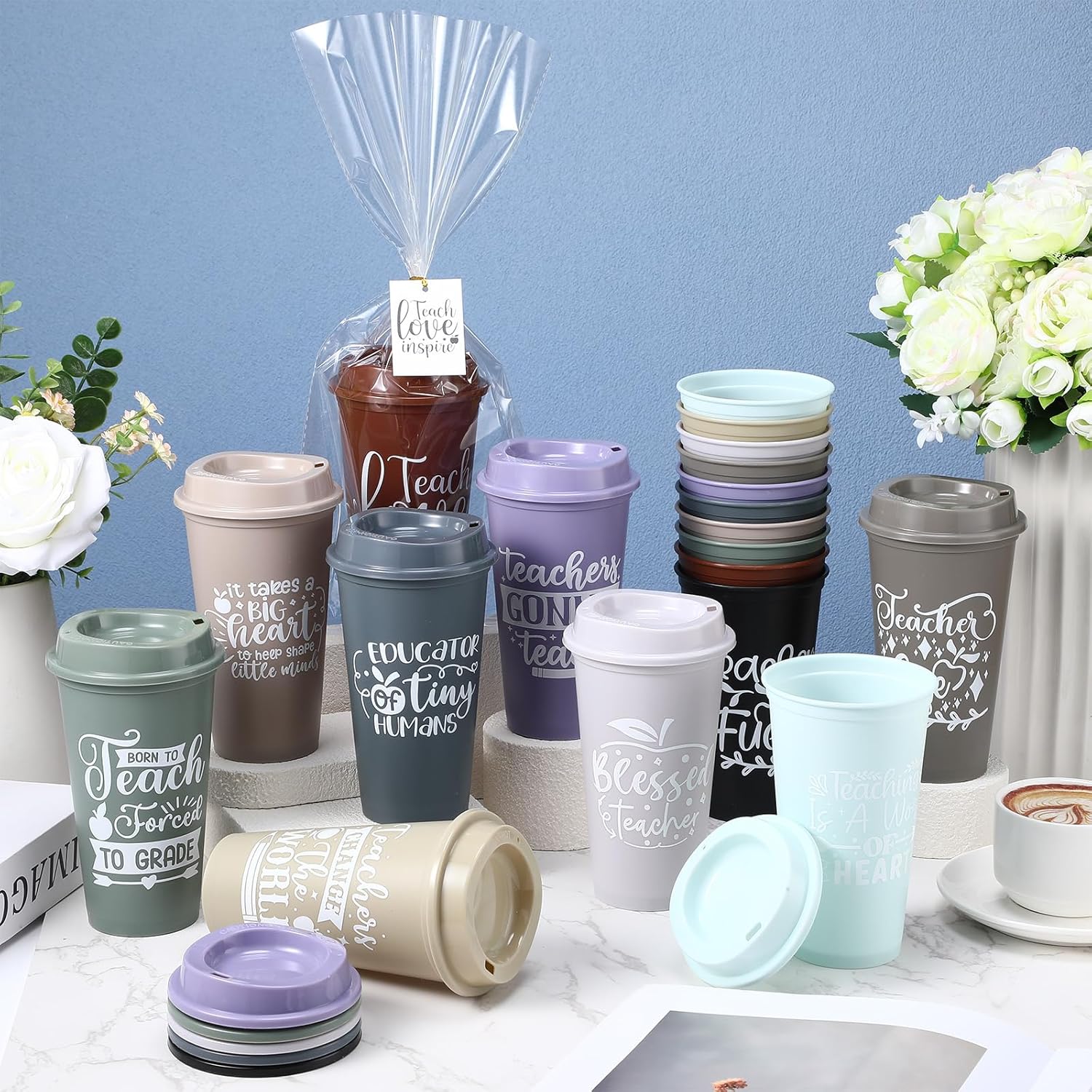 LemonRoad 30 Set Teacher Appreciation Gifts Bulk for Women 16 oz Teacher Appreciation Coffee Cup with Lid Back to School Gift Thank You Tumbler with Lid Card and Bag(Cute Style,Dark Colors)