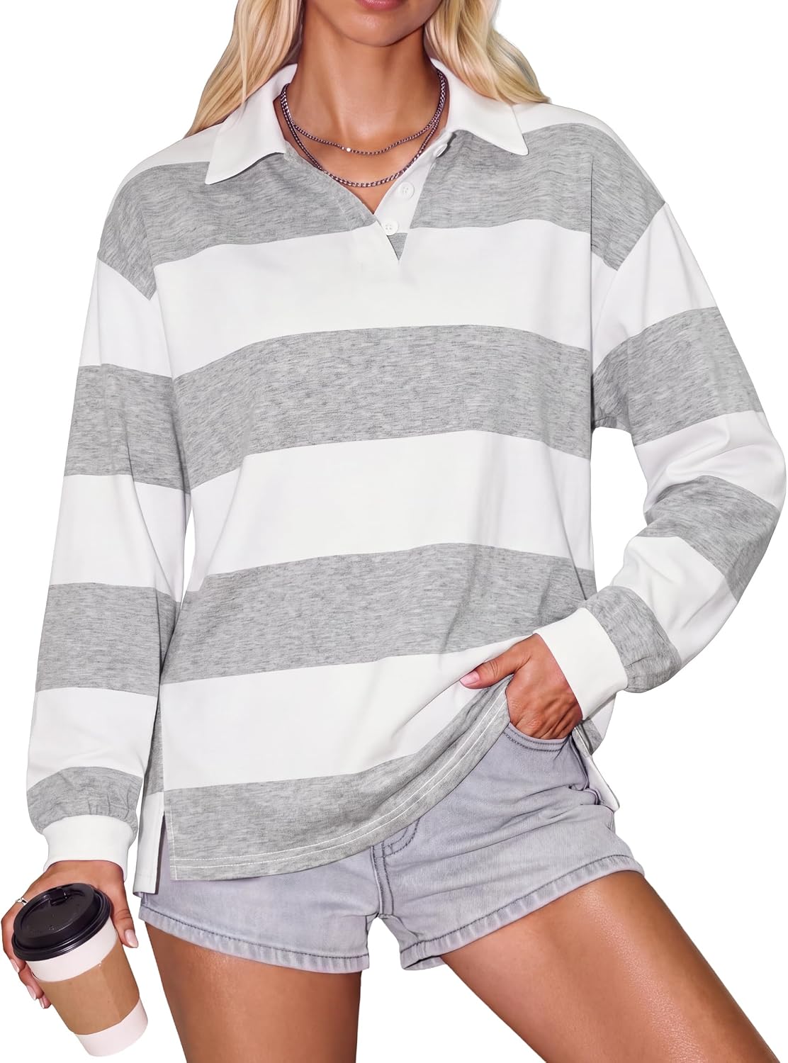 Blooming Jelly Womens Striped Polo Shirts Oversized V Neck Long Sleeve Tops