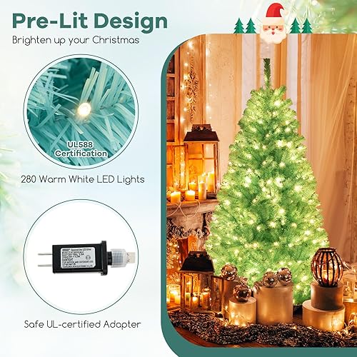Miniatura 232 de Goplus - Árbol de Navidad artificial preiluminado de 9 pies, pino nevado articulado de PVC de alta calidad con base metálica y luces LED, decoración