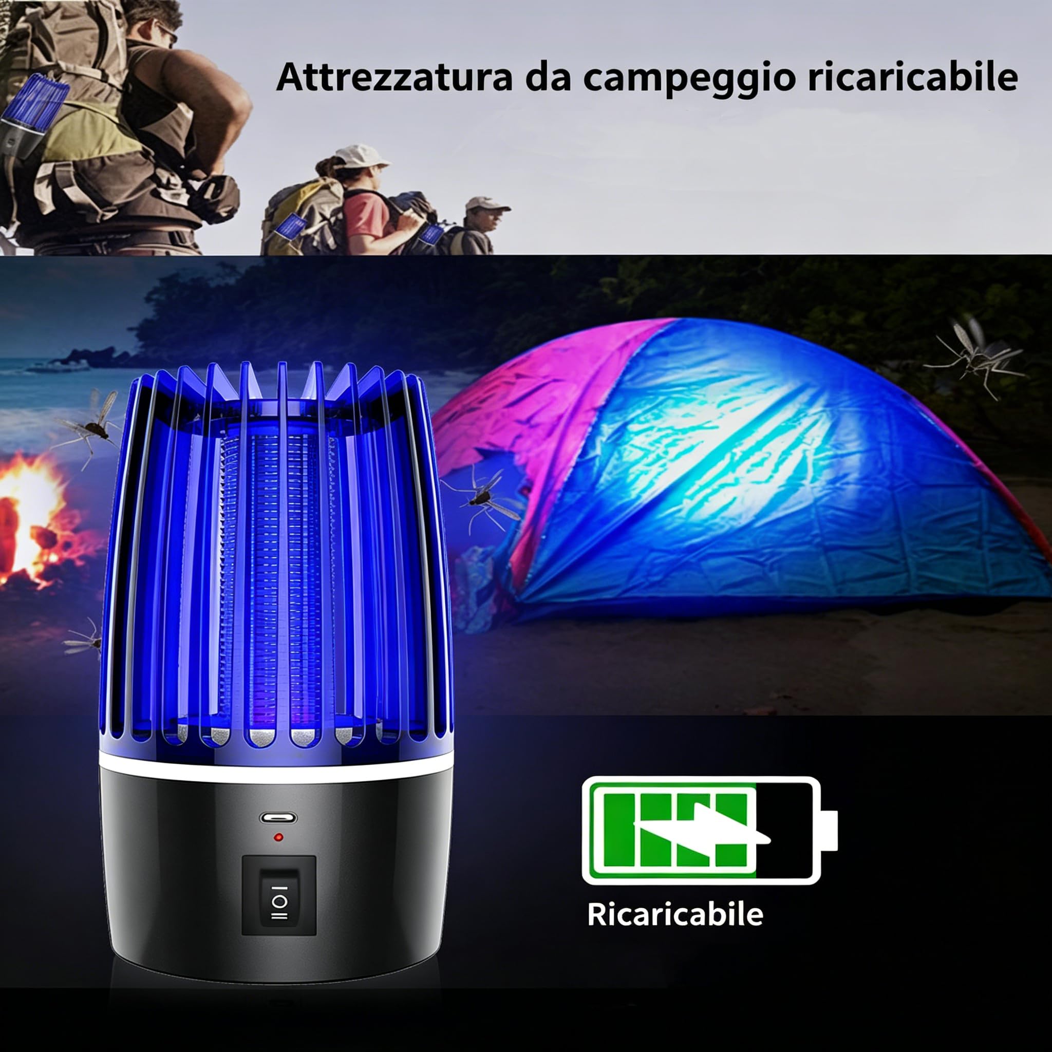 Zanzariera Elettrica 360° UV 365nm, Lampada Antizanzare Ricaricabile 4000mAh USB, Silenziosa <35dB con Luce Notte, Dispositivo Anti-Zanzare Senza Chimici per Interni Esterni