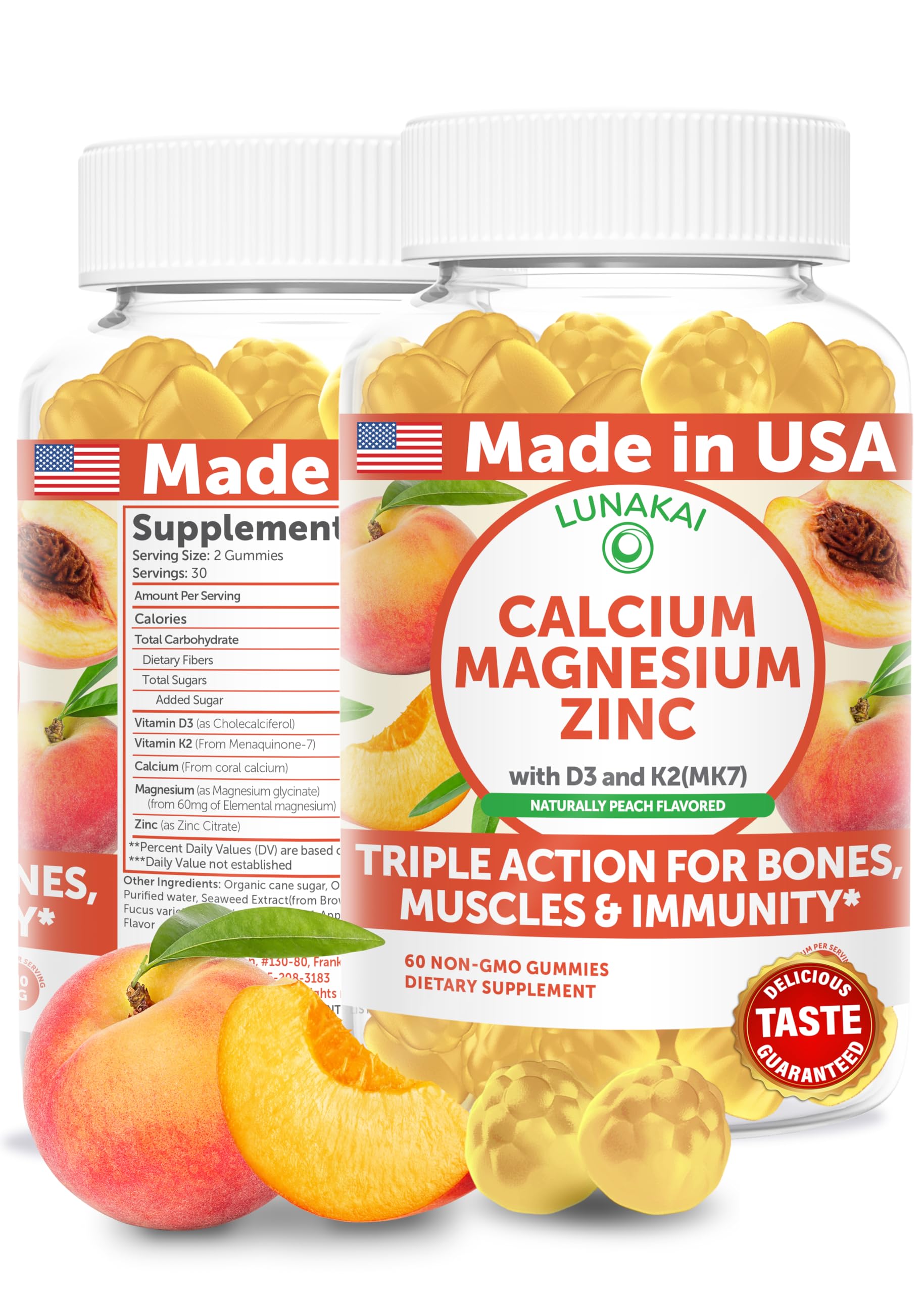 Lunakai USA Made Calcium Magnesium Zinc Gummies with Vitamin D3 & K2 – Delicious 5-in-1 Supplement for Daily Bone, Muscle & Immune Support for Women, Men & Kids, 60ct