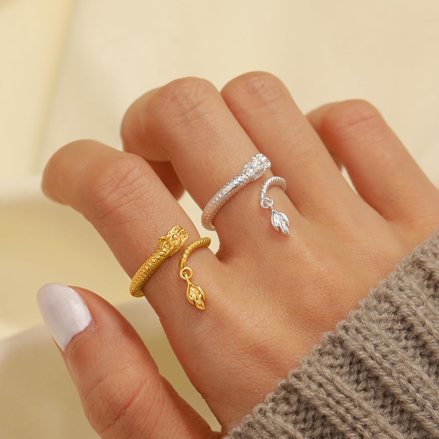 Dragon Rings for Women 925 Sterling Silver Animal Ring Statement Lucky Dragon Tail Adjustable Open Stackable Rings Zodiac Sign Thumb Knuckle Ring Birthday Christmas Gifts - Image 4