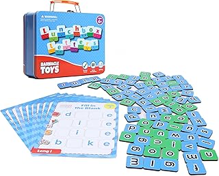 Barnacle Toys Lunchbox Letters, Phonics Games for Kids Ages 4-8, Includes 80 Magnetic Letter Tiles, 20 Literacy Games and a Lunchbox Magnetic Letter Board I Spelling Games for Kids Ages 6-8