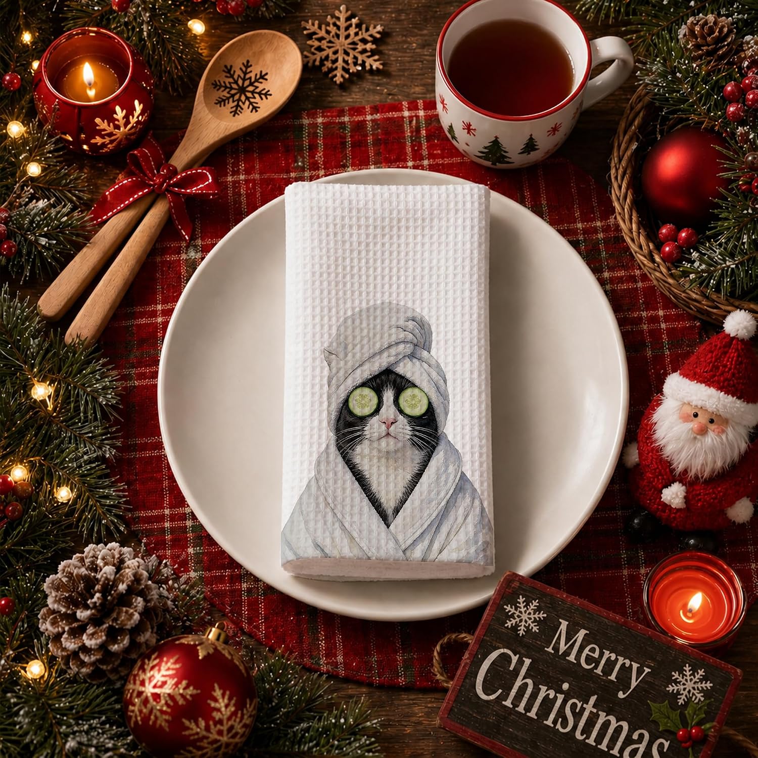 Spa Tuxedo Cat Kitchen Towels Set of 2 | Set of 2 16x24 in spa tuxedo cat towels with cucumber eye design for soft absorbent kitchen or bathroom decor.