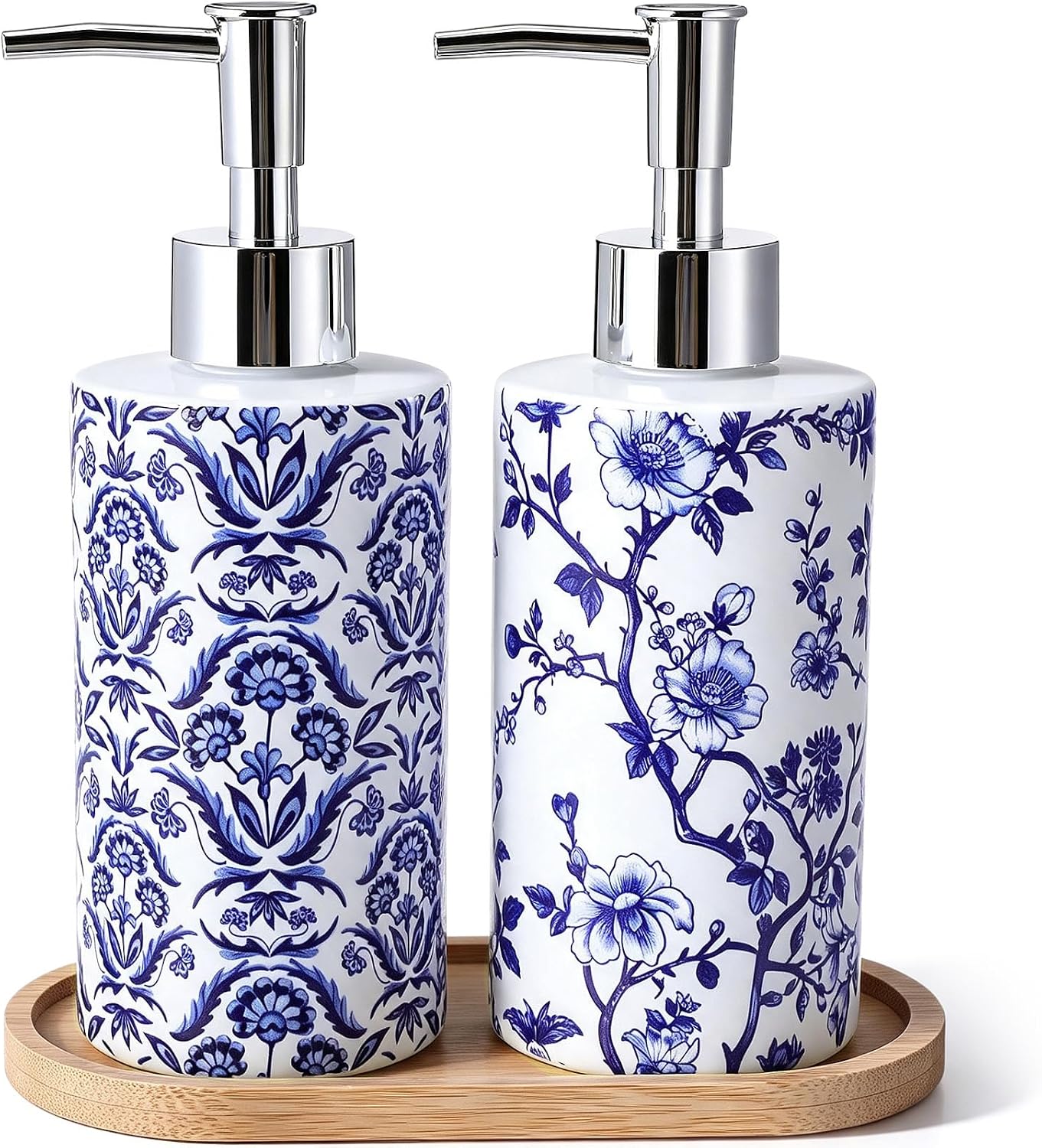 2 Pcs Chinoiserie Floral Soap Dispensers with Wooden Tray