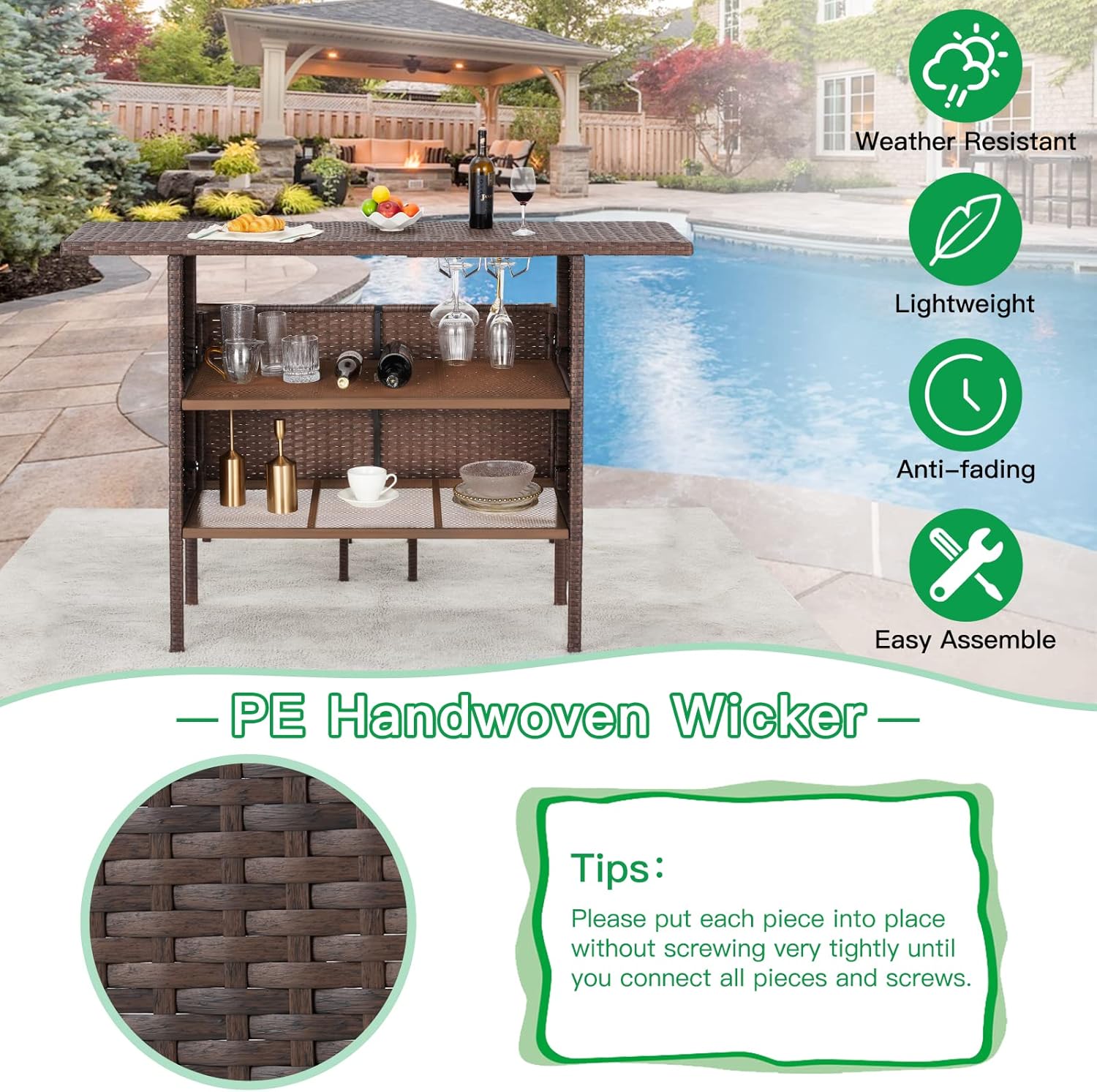 ECOTOUGE 5PCS Patio Bar Set with Wicker Bar Chairs & Outdoor Bar Table(2 Steel Shelves & Wine Rack), Rattan Bar Height Patio Set with Removable Cushion for Lawn, Porches,Balcony (Brown)