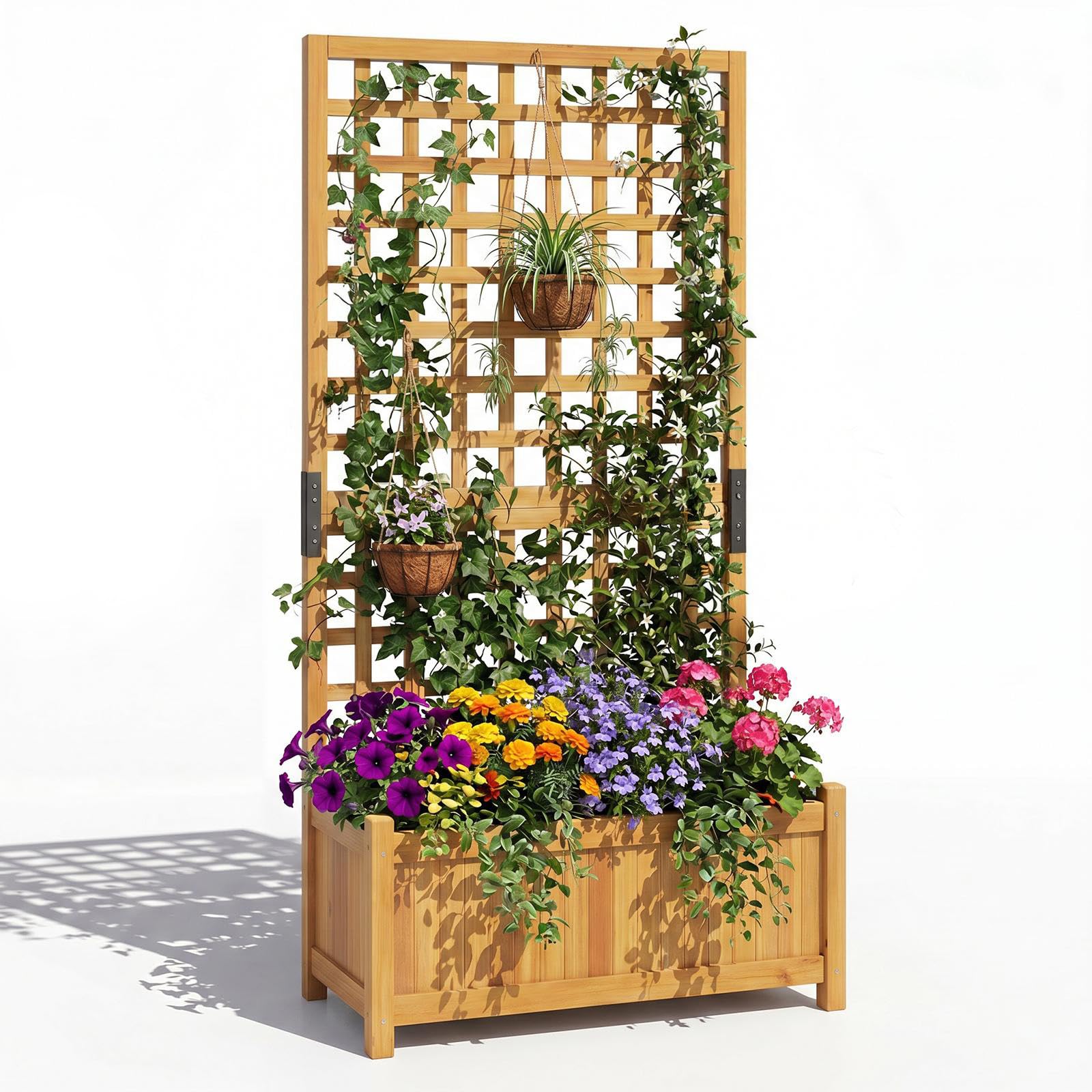 COSTWAY Jardinière avec Treillis en Bois, Bac à Fleurs Surélevé avec Trous de Drainage Fond Amovible, Jardinière Brise-Vue pour Plantes Grimpantes Légumes Fruits, 76 x 32 x 143 cm (Orange)