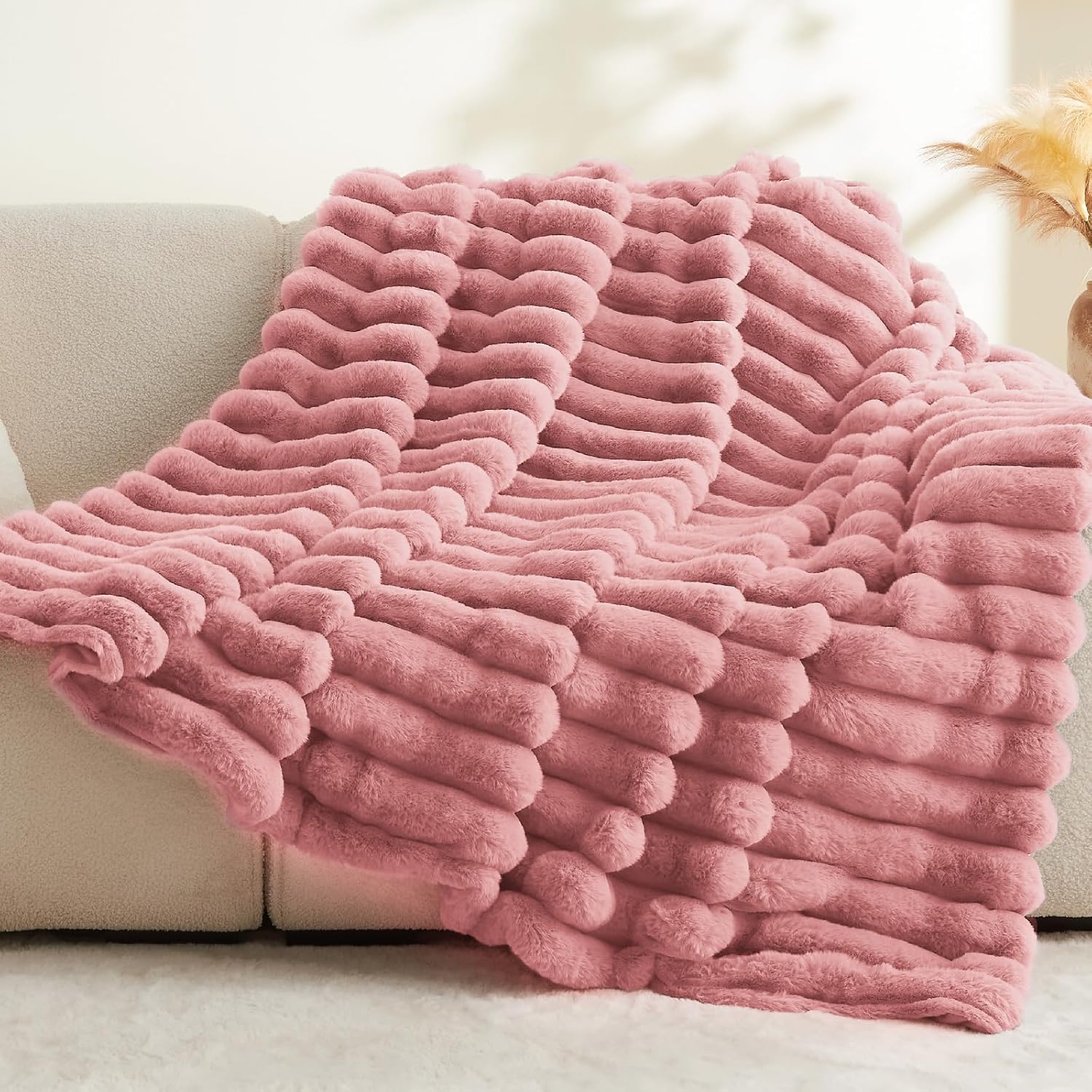 BEDELITE Faux Fur Throw Blanket for Couch, Soft and Cozy Luxurious 3D Striped Fluffy Blanket, 770GSM Thick Warm Plush Fuzzy Faux Rabbit Fur Blanket for Women Gift (Pink, 60"x 80") - Image 9