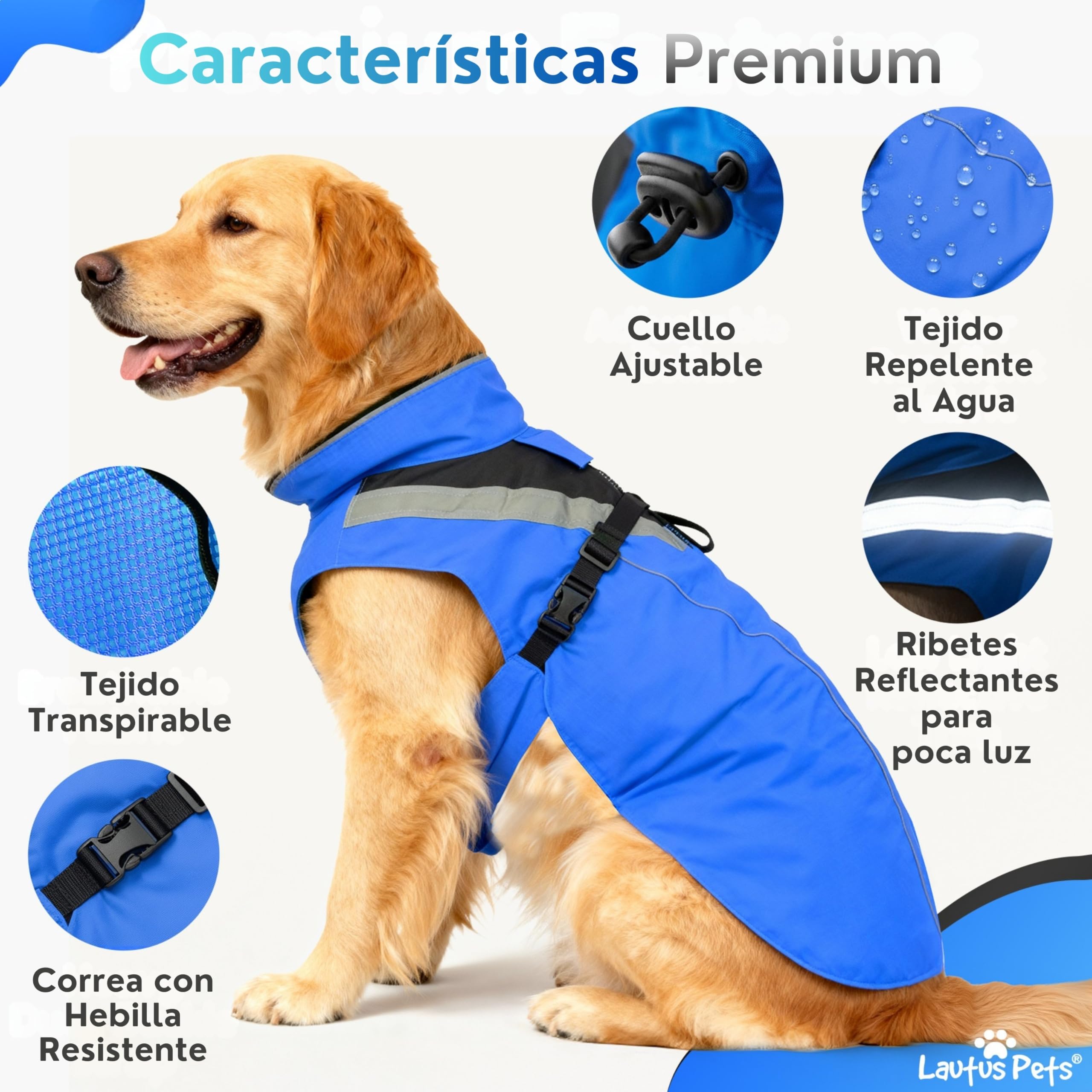 Chubasquero Impermeable para Perro, Tiras Reflectantes y Abertura para Correa – Chaqueta Ligera y Ajustable para Razas Medianas - M, Azul