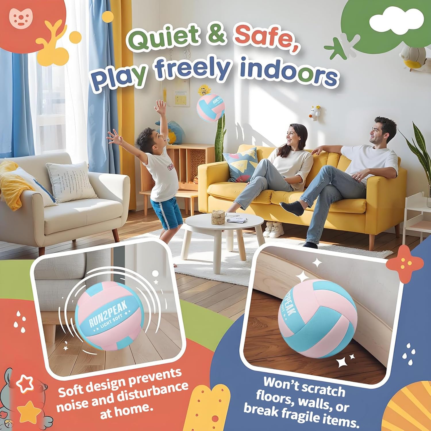 RUN2PEAK Super Soft Light Volleyball - Safe and Quiet Fabric Volleyball Ball for Indoor Play - Official Size 5 Kids Youth Beginners Lightweight Volleyballs Trainer for House Yard Training Practice