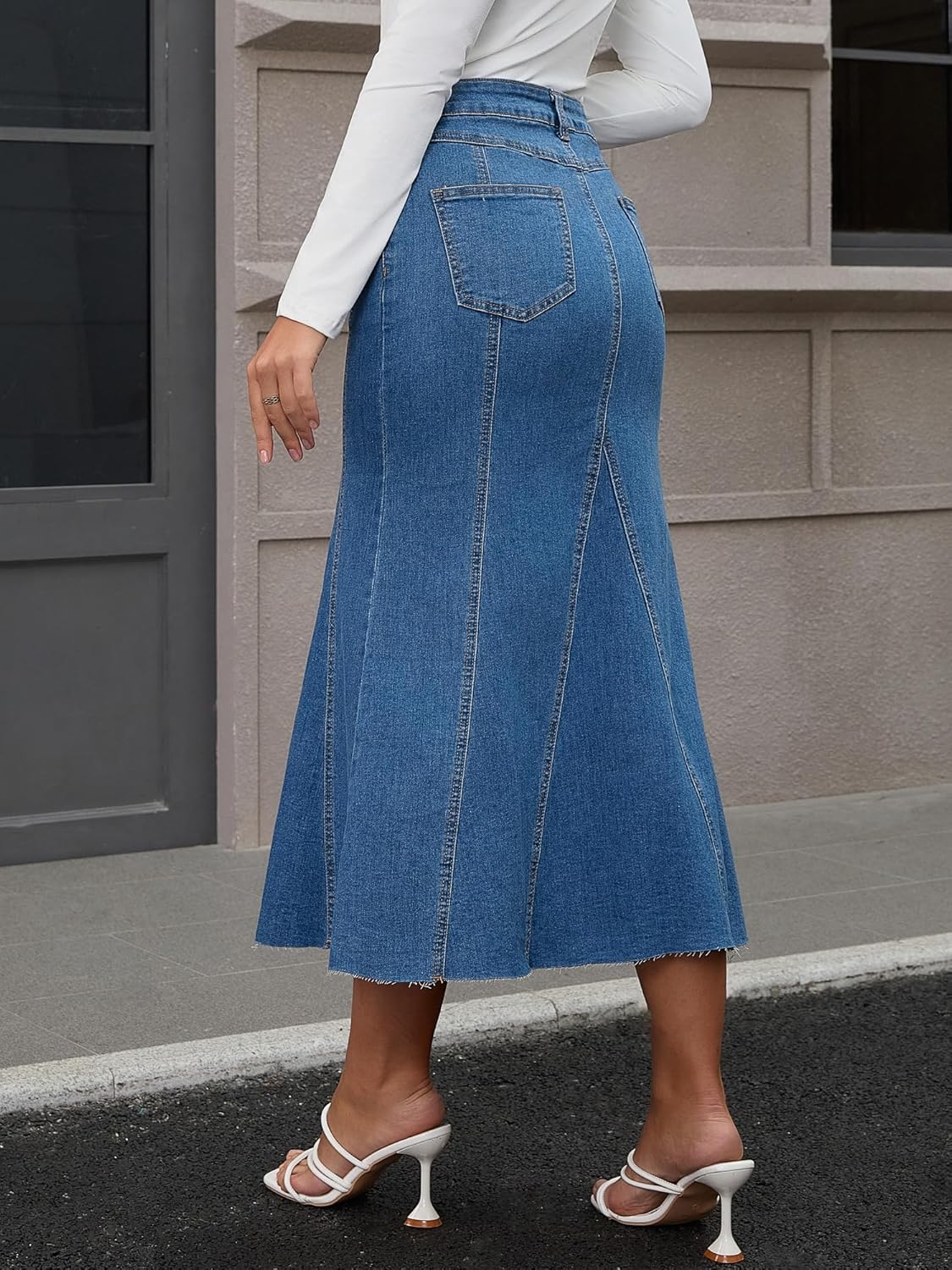Womens Fishtail Long Jean Skirt High Waisted Stretchy Fit and Flare Midi Denim Skirts - Image 4