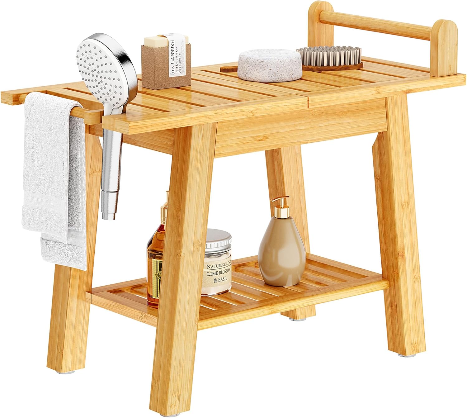 soges Bathroom Stool, Bamboo Shower Bench with Storage