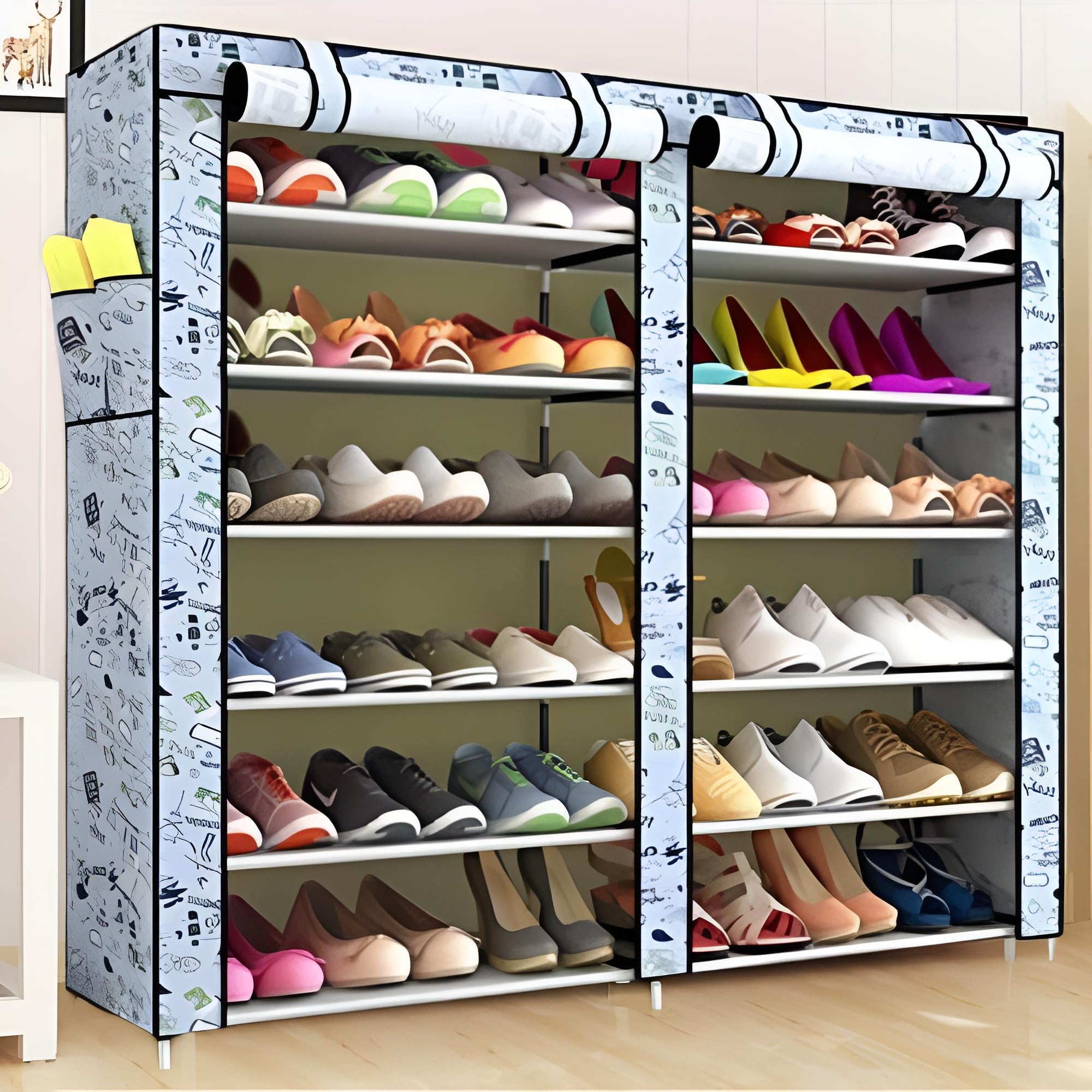 storia shoe rack for home with dustproof cover 12 layer shoes stand for home & multipurpose storage rack space saving vertical shelf for closet, entryway, bedroom (printed blue)