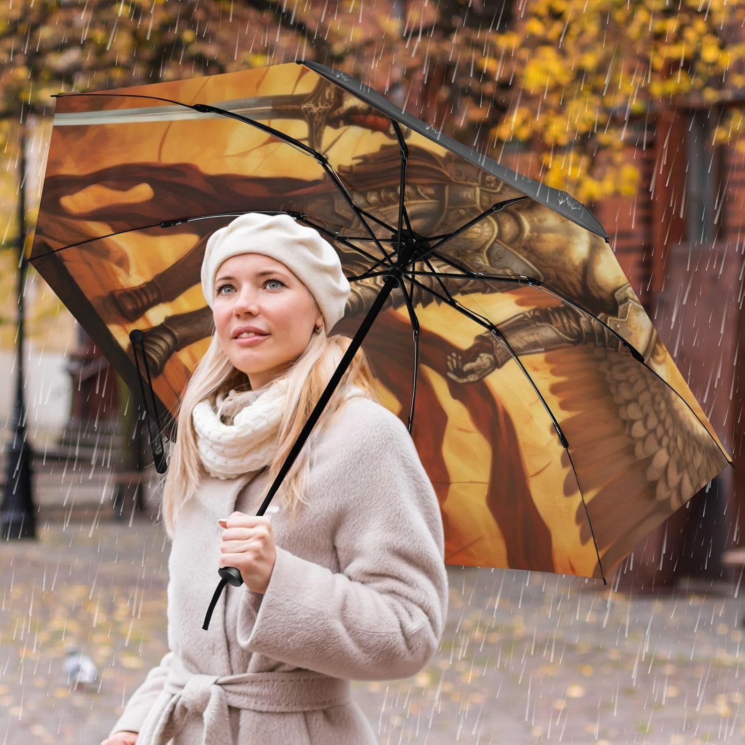 UV Protection Travel Umbrella Archangel Michae Wings Knight Compact for Rain and Sun - Auto Open and Close UPF 50+ Windproof Portable 46” Sun Umbrella for Women and Men