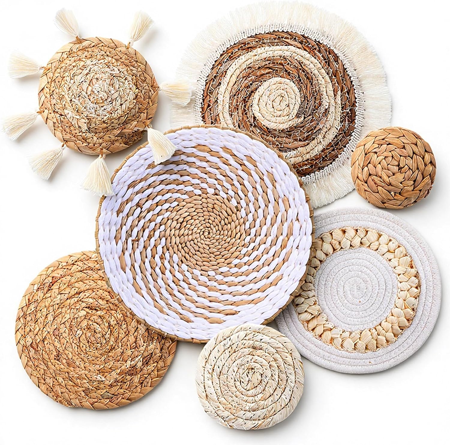 Oqqlin 7 Pcs Boho Wall Basket Decor, Handmade Seagrass Rattan Wicker Wall Decor Flat Round Rustic Woven Hanging Art for Bedroom, Kitchen, Living Room, Office Decorations