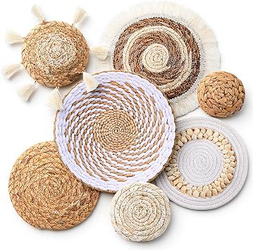 Oqqlin 7 Pcs Boho Wall Basket Decor, Handmade Seagrass Rattan Wicker Wall Decor Flat Round Rustic Woven Hanging Art for Bedroom, Kitchen, Living Room, Office Decorations