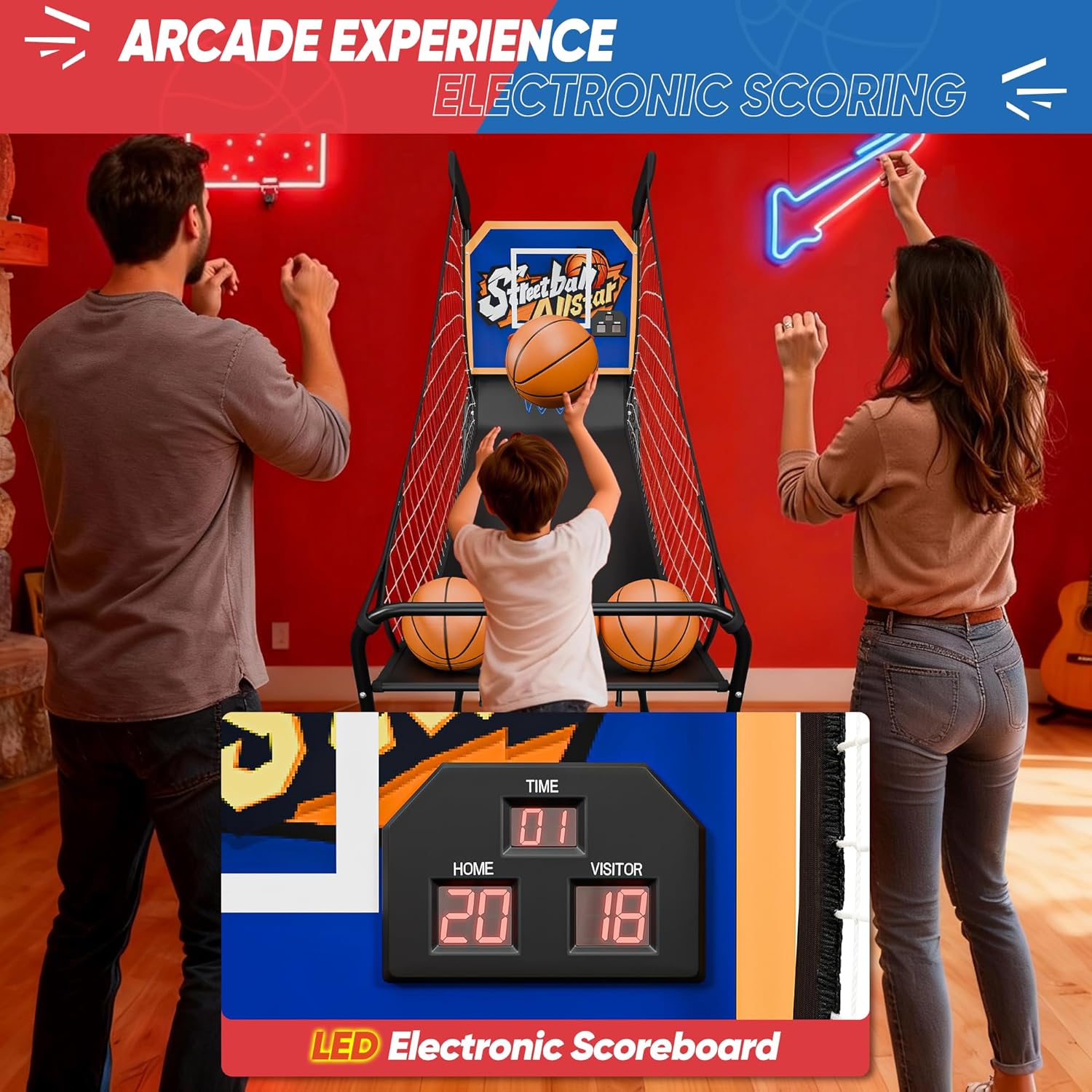 Foldable Electronic Arcade Basketball Game - Indoor Single Shot with Electronic Scorer, Buzzer, 3 Balls & Pump